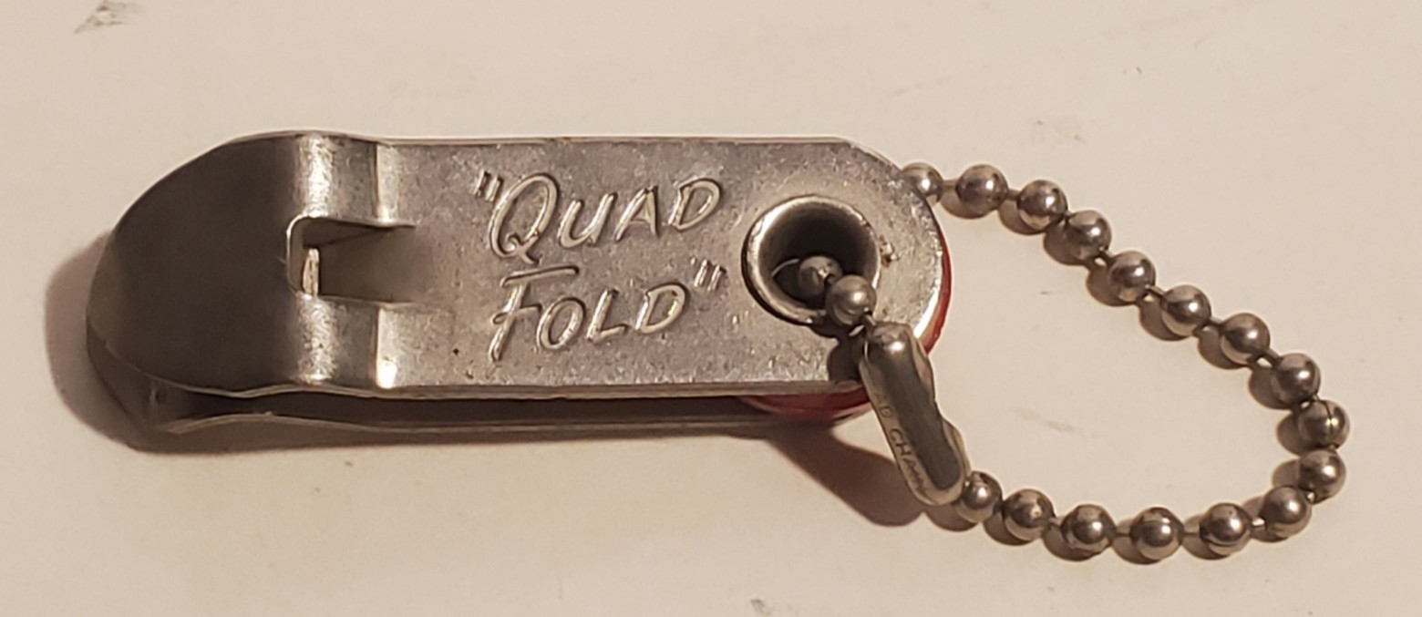 VINTAGE QUAD-FOLD CAN TAP STYLE BOTTLE OPENER KEYRING KEYCHAIN VAUGHAN USA