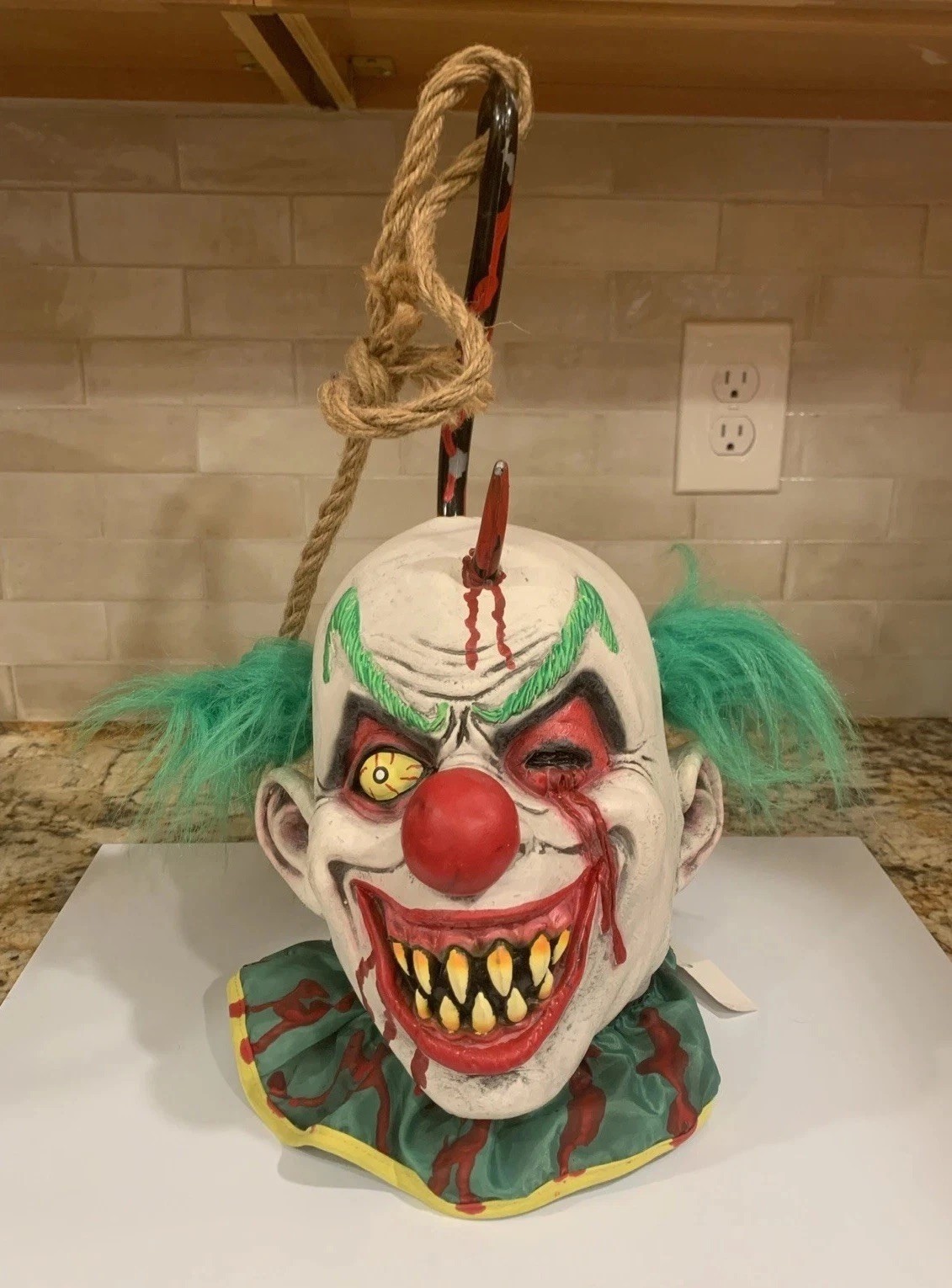 Creepy Severed Clown Head With Hook Hanging Halloween Prop Bloody Scary NEW