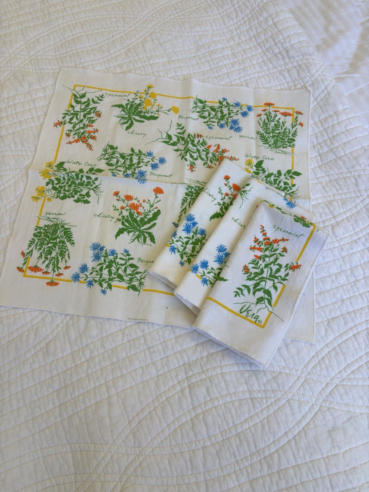 4 Vintage Vera Neumann Herbs Floral Botanical Cloth Napkins 100% Cotton