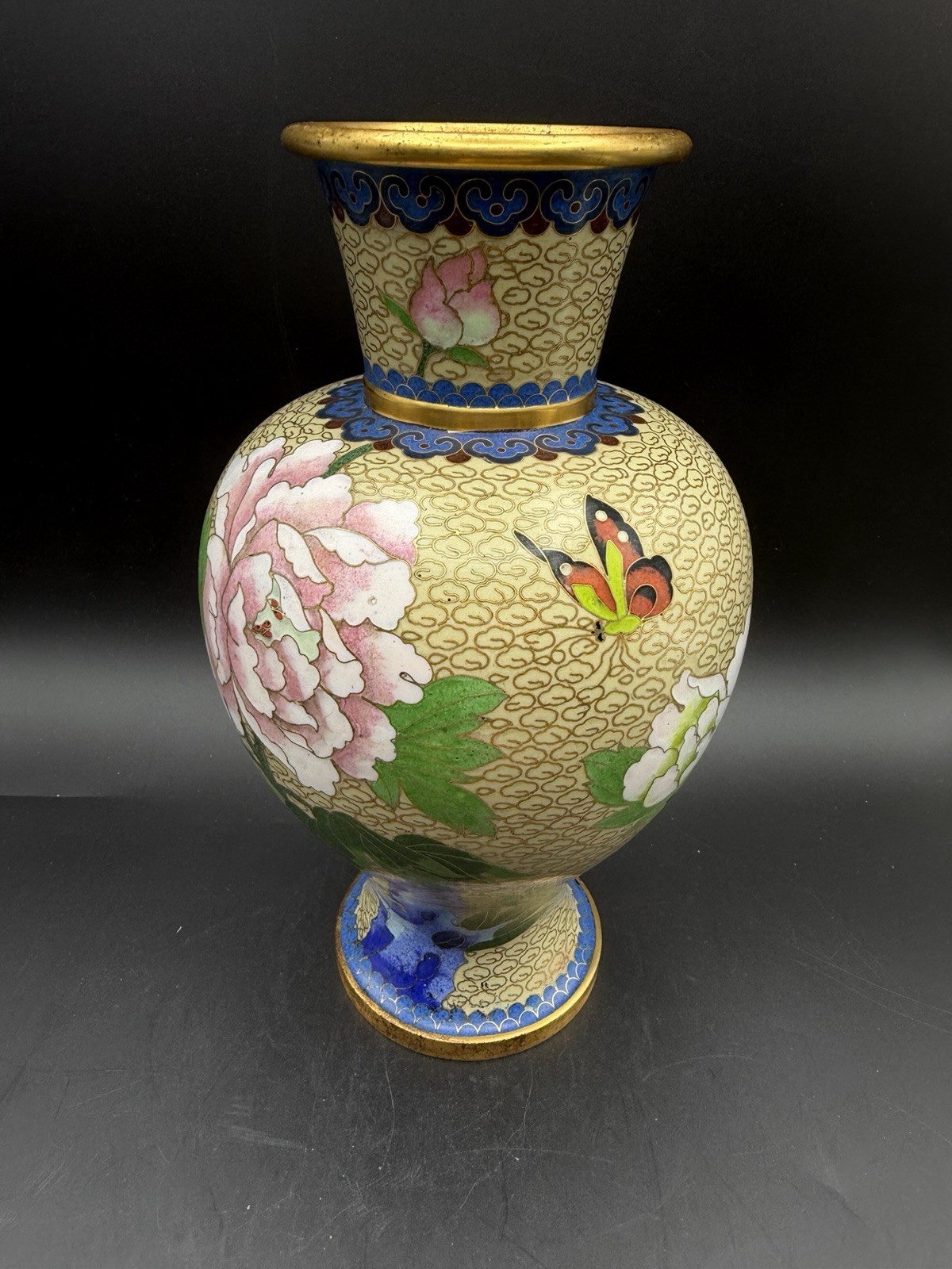 Chinese Cloisonné Enamel Peony Butterfly Baluster Vase 10.5”