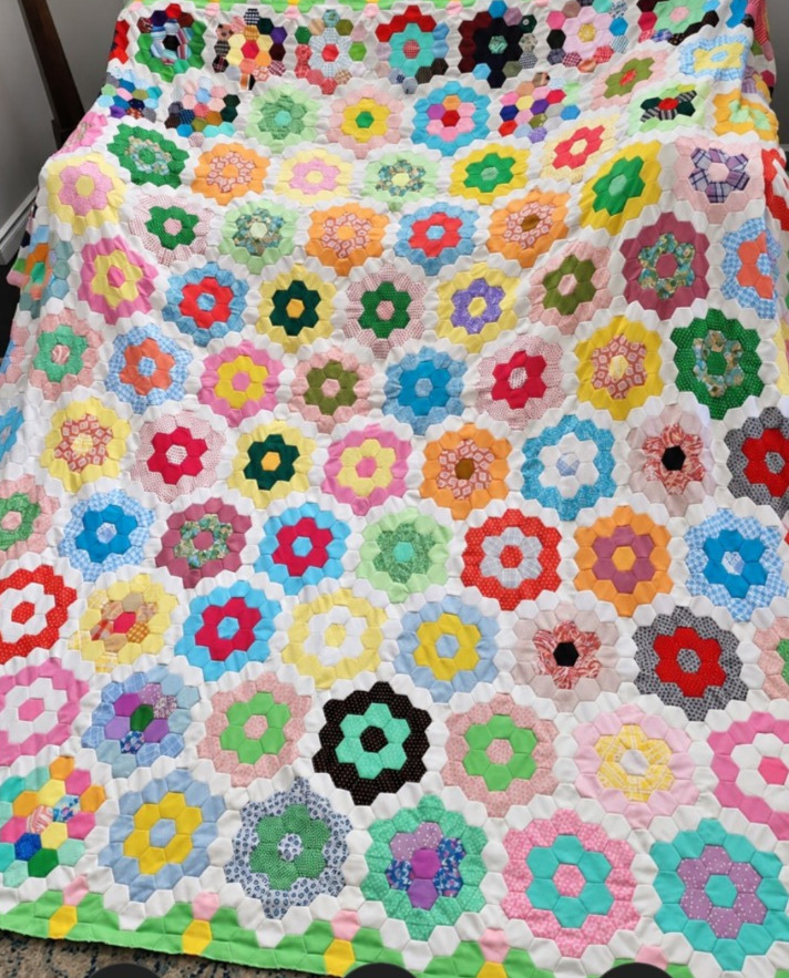 Vintage Handmade Grandmother's Flower Garden Quilt 98x98 Hexagon Patchwork
