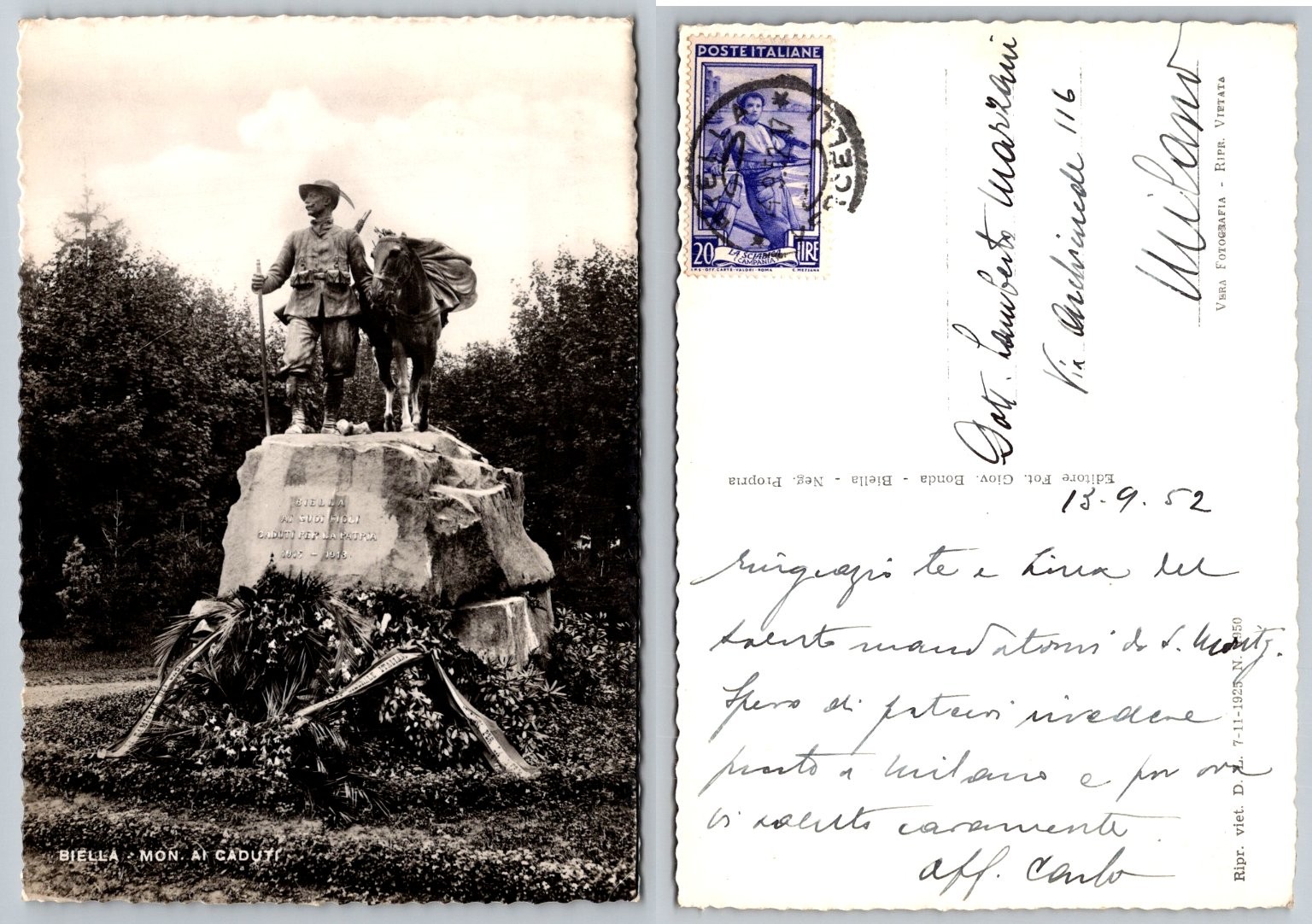 Biella Italy WWI Monument Postcard Real Photo 1952 Posted Italian Alps