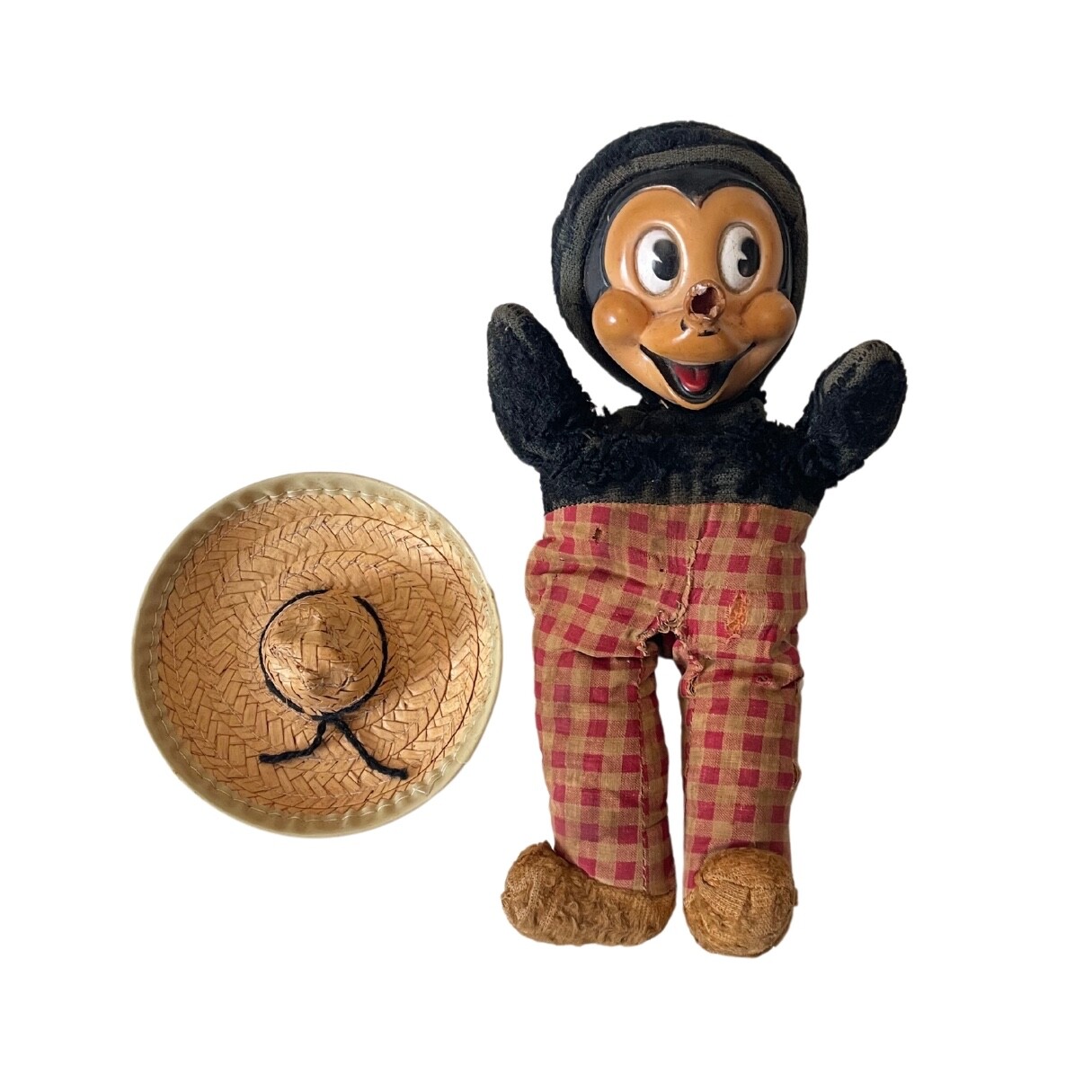Vintage 1930s Rubber Face Plush Mickey Mouse Toy w/ Checkered Pants & Straw Hat