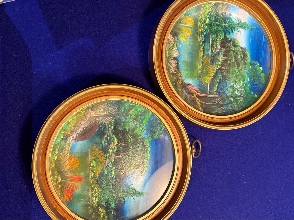Pair Vintage Reverse Painted Round Lake Pictures Wood Frames Signed 8.5in