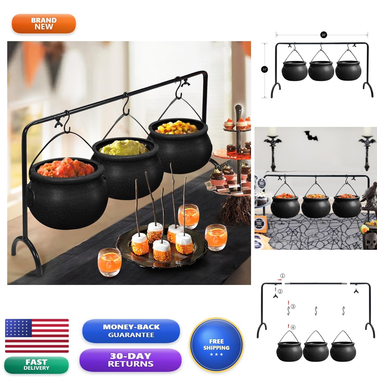 3 Pack Witches Cauldron Serving Bowls on Rack Halloween Decorations Indoor
