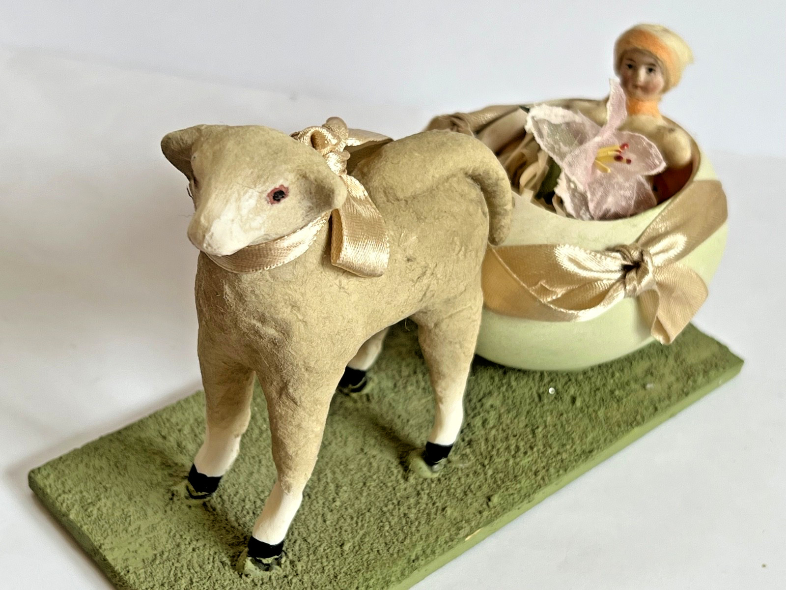 GERMAN PUTZ  STYLE SHEEP Pulling an Easter Egg w/Spun Cotton Bisque Face Child