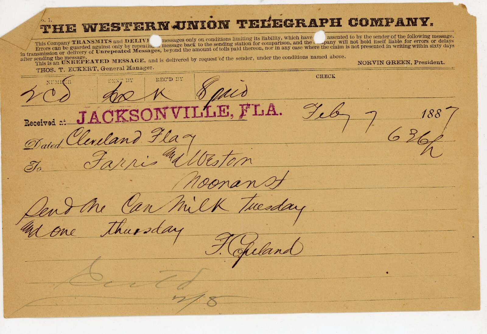1887 Western Union Telegraph Cleveland FL  Can Milk Signed F Copeland