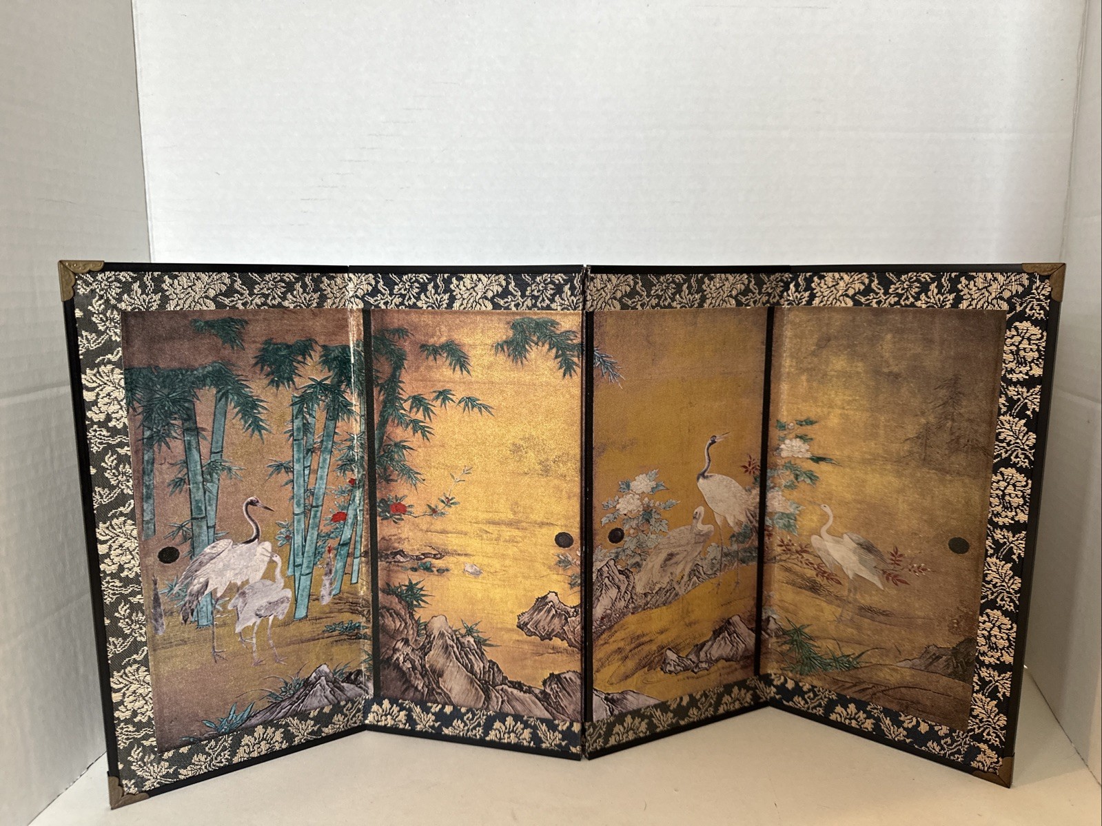 Vintage Gold Japanese Byobu - 4 Panel Screen Birds/Rocks /Greens