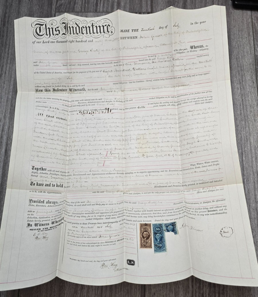 Rare 1863 Philadelphia Mortgage Deed w/ Civil War Revenue Stamps Chatham Street