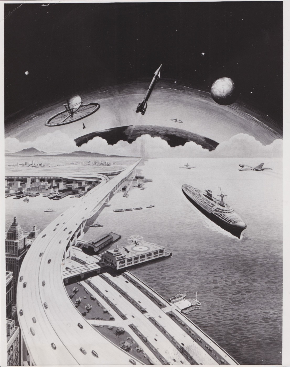 1955 Press Photo Artist Conception of Futuristic Space Travel with Atomic Energy