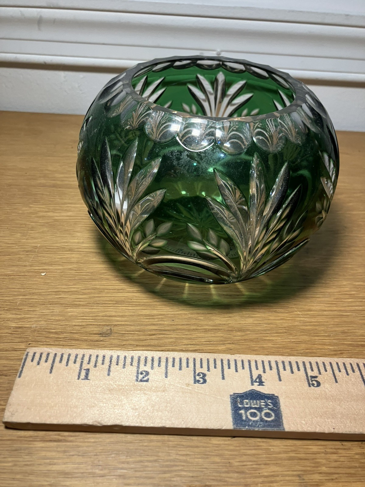 Vintage Bohemian Czech Green Cut to Clear Crystal Rose Bowl Vase
