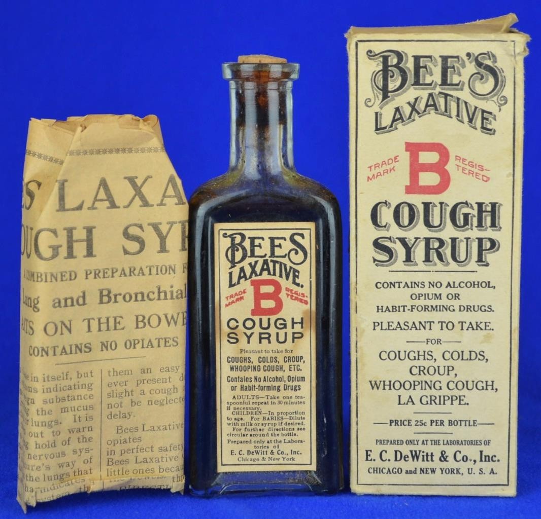 ANTIQUE c1908 BEE'S LAXATIVE COUGH SYRUP BOX, INSERT AND UNUSED BOTTLE - DeWitt