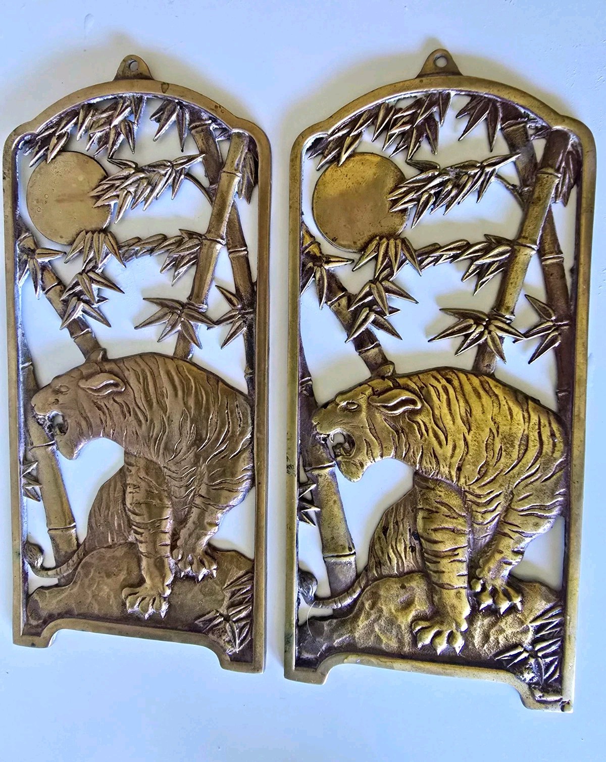 Pair Vintage Solid Brass Tiger Bamboo Moon Wall Plaques Asian Hanging 6x12