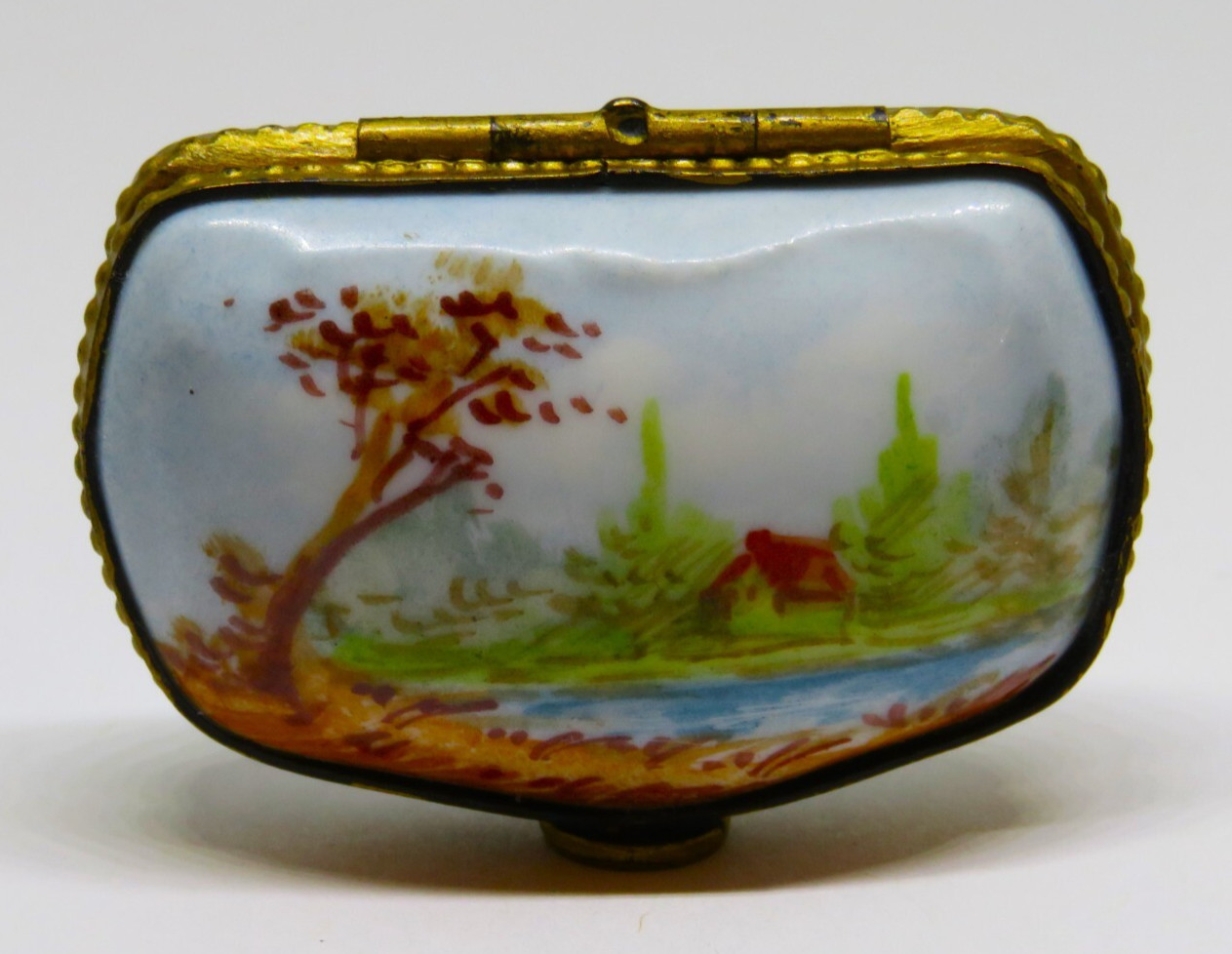 LIMOGES FRANCE BOX - SMALL ANTIQUE RURAL LANDSCAPE - HOUSE & RIVER SCENE - TREES