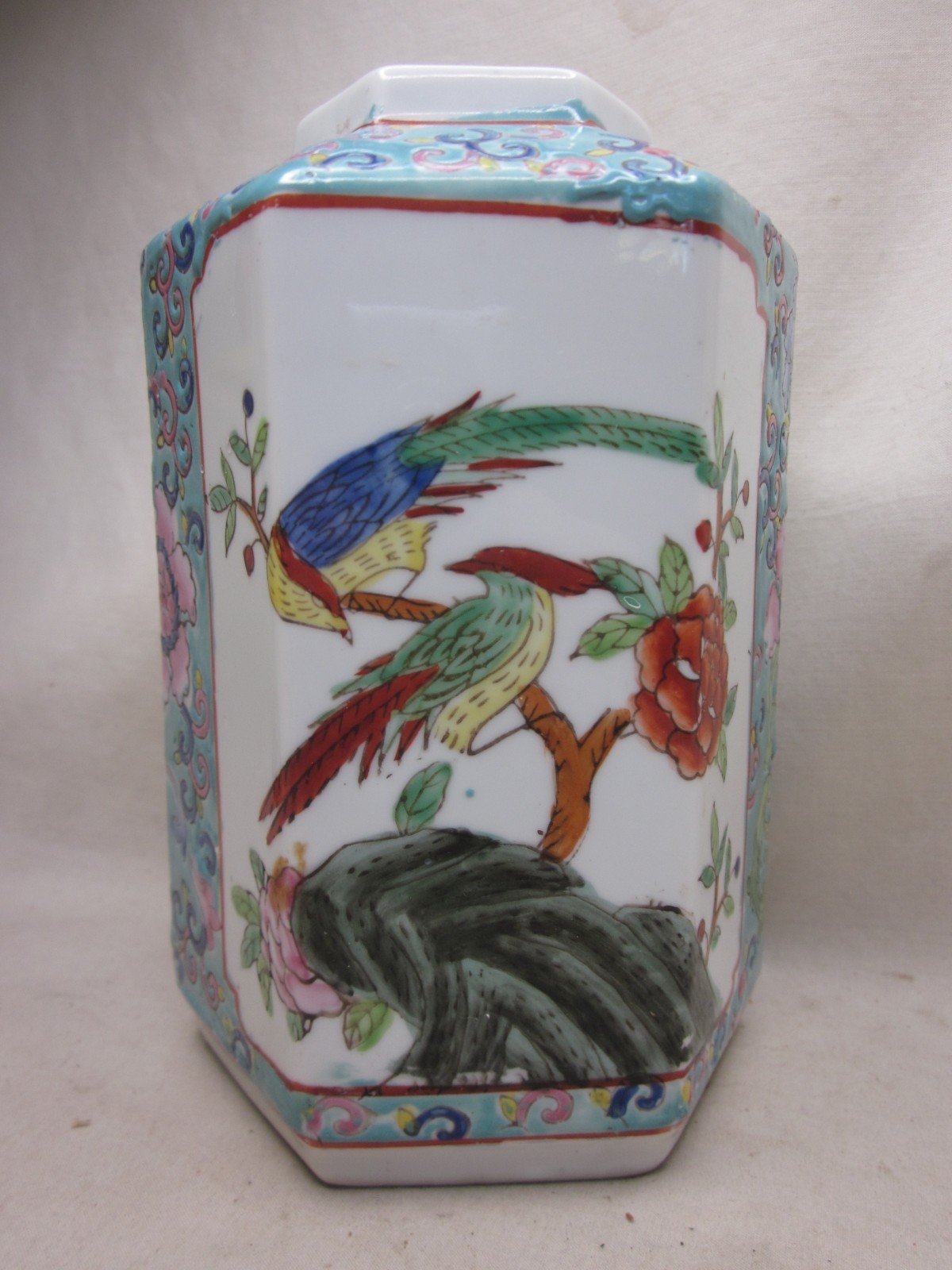 vintage Chinese vase hexagonal Asian container bird flower pottery jar *