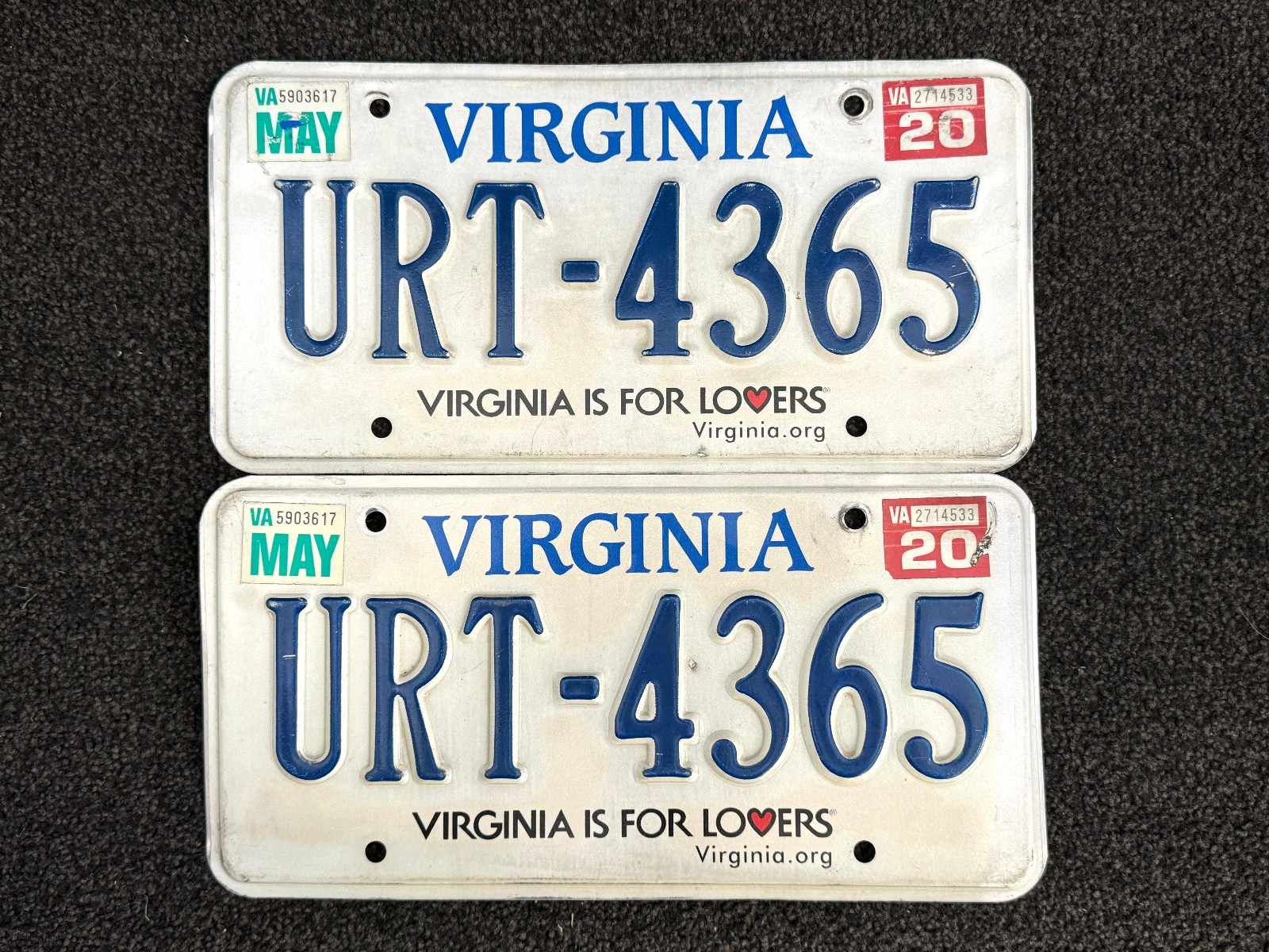 2020  Virginia License Plate Pair URT-4365 ...... Craft / Collect / Specialty