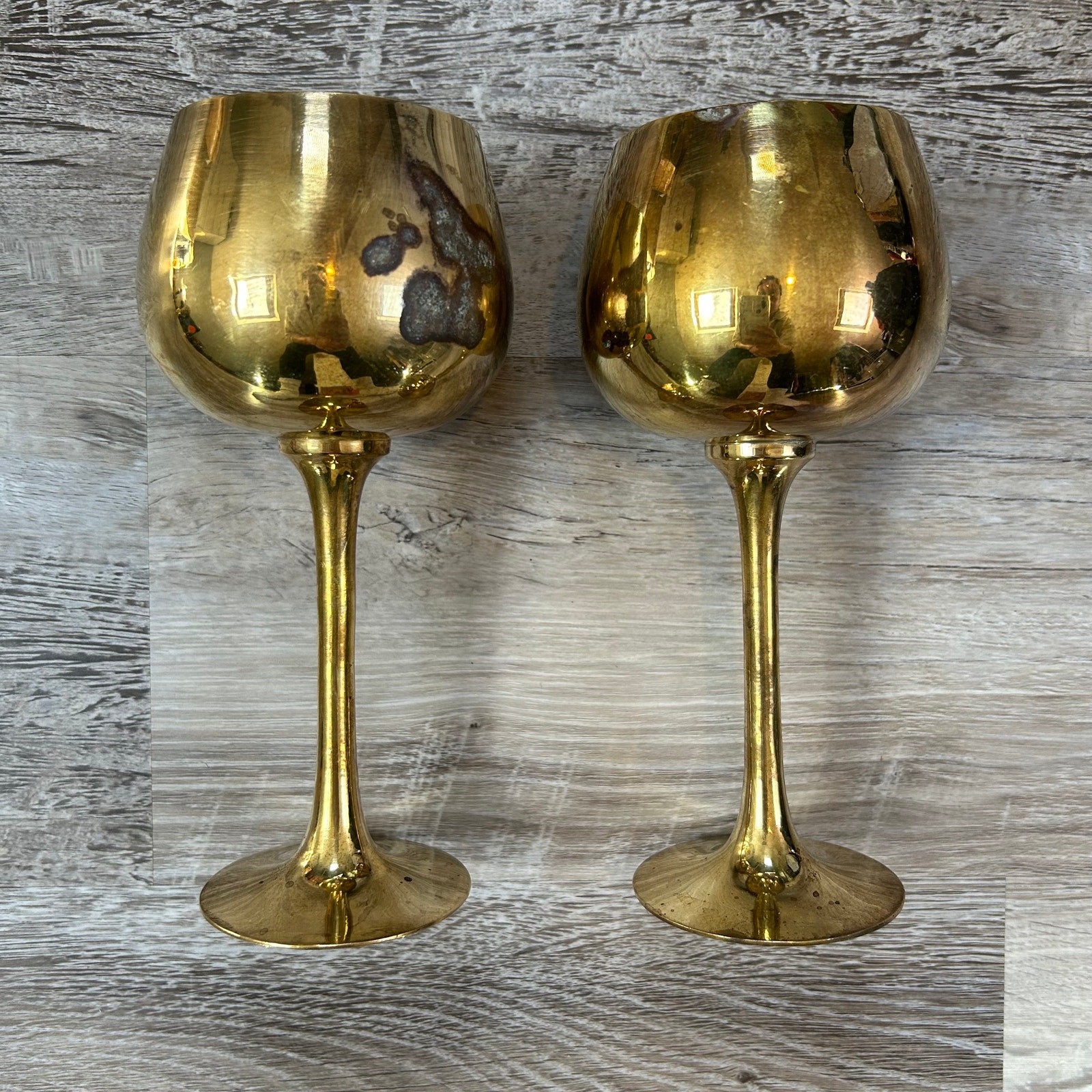 Vintage Mid Century Sarna Brass Wine Goblets Set of 2 MCM Barware India Pair