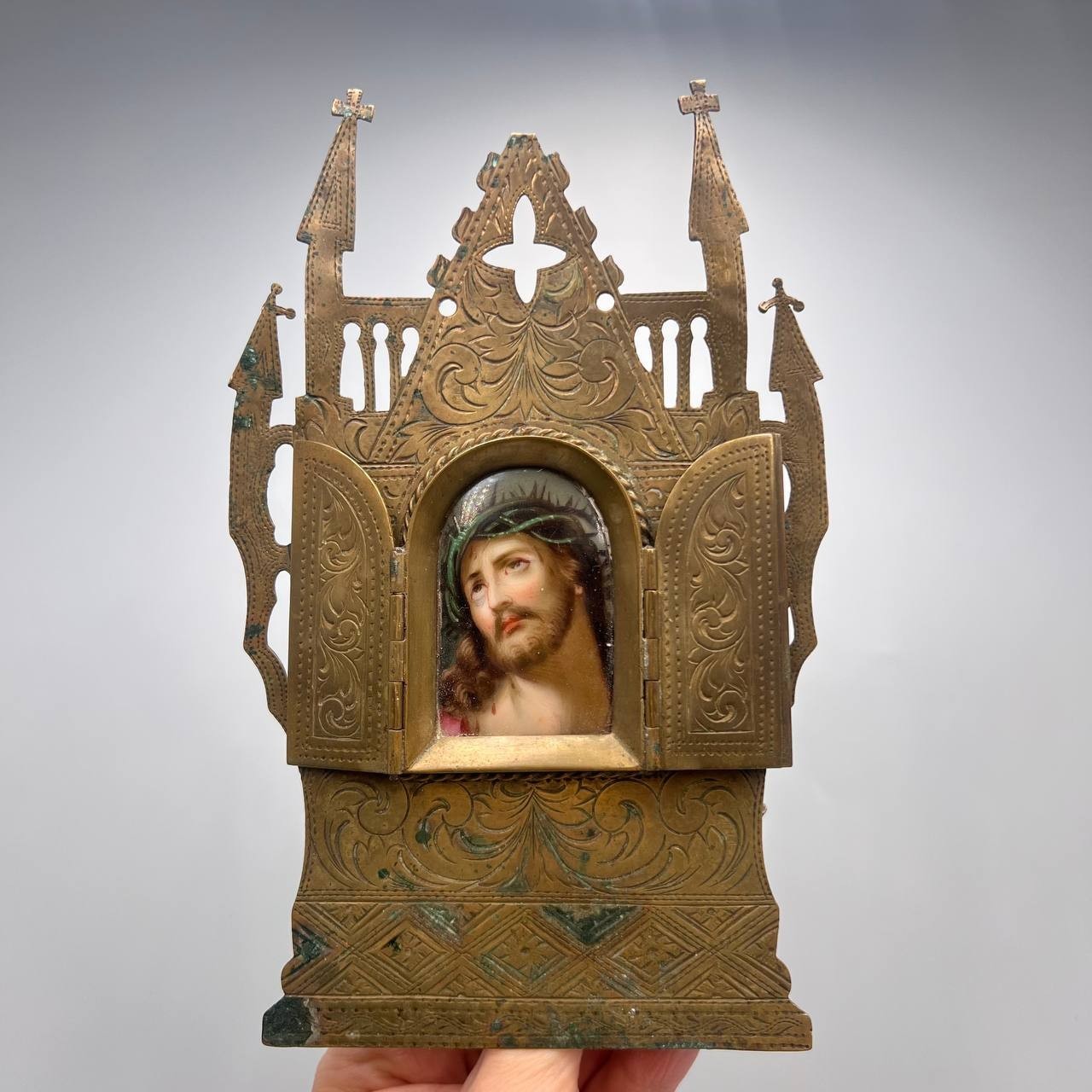 Imperial Christian Collectibles Rare Antique Desk Folding Icon Bronze Ceramic