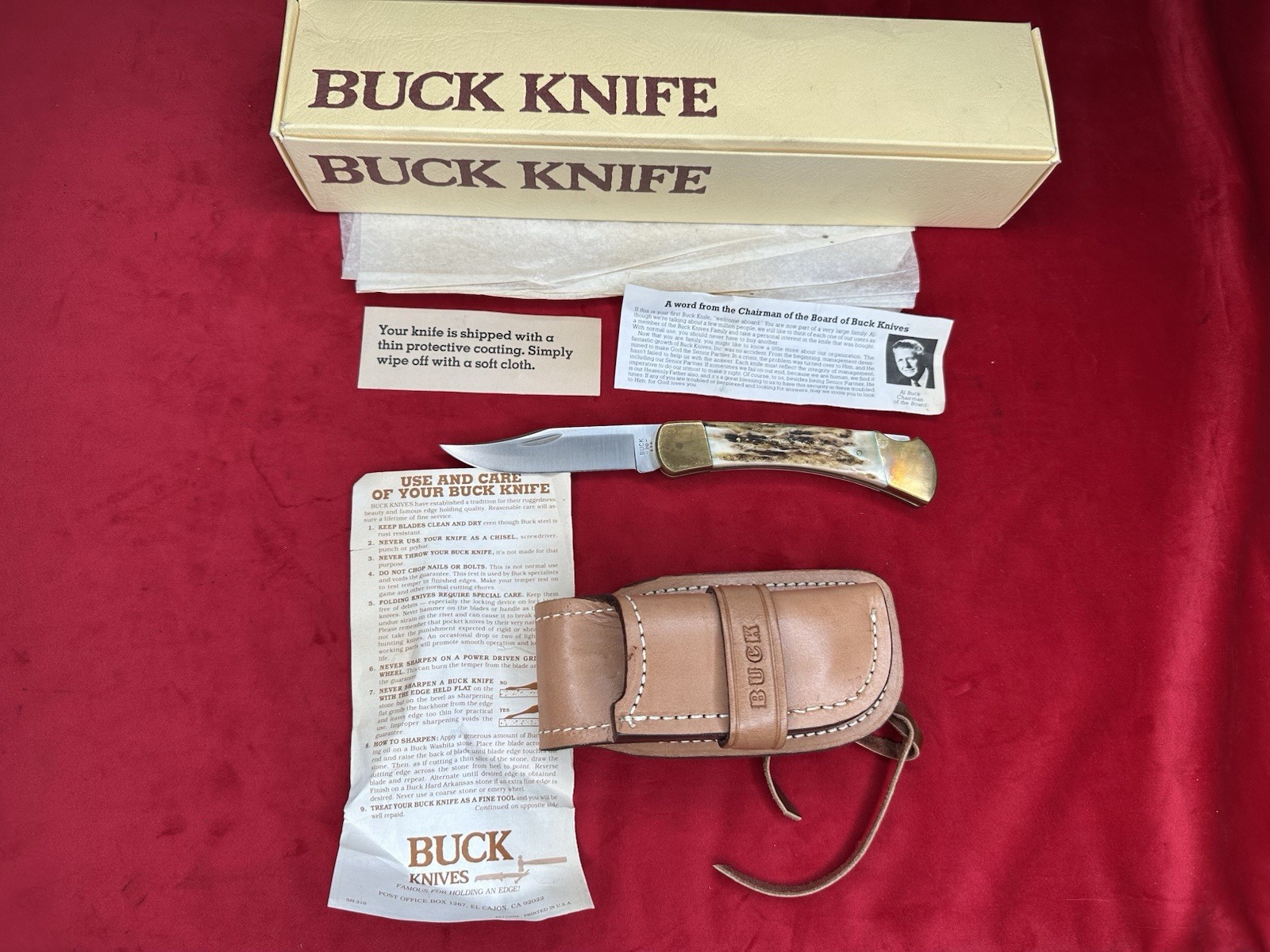 RARE VINTAGE BUCK STAG model 110 KNIFE & TAN SHEATH NEVER USED IN BOX