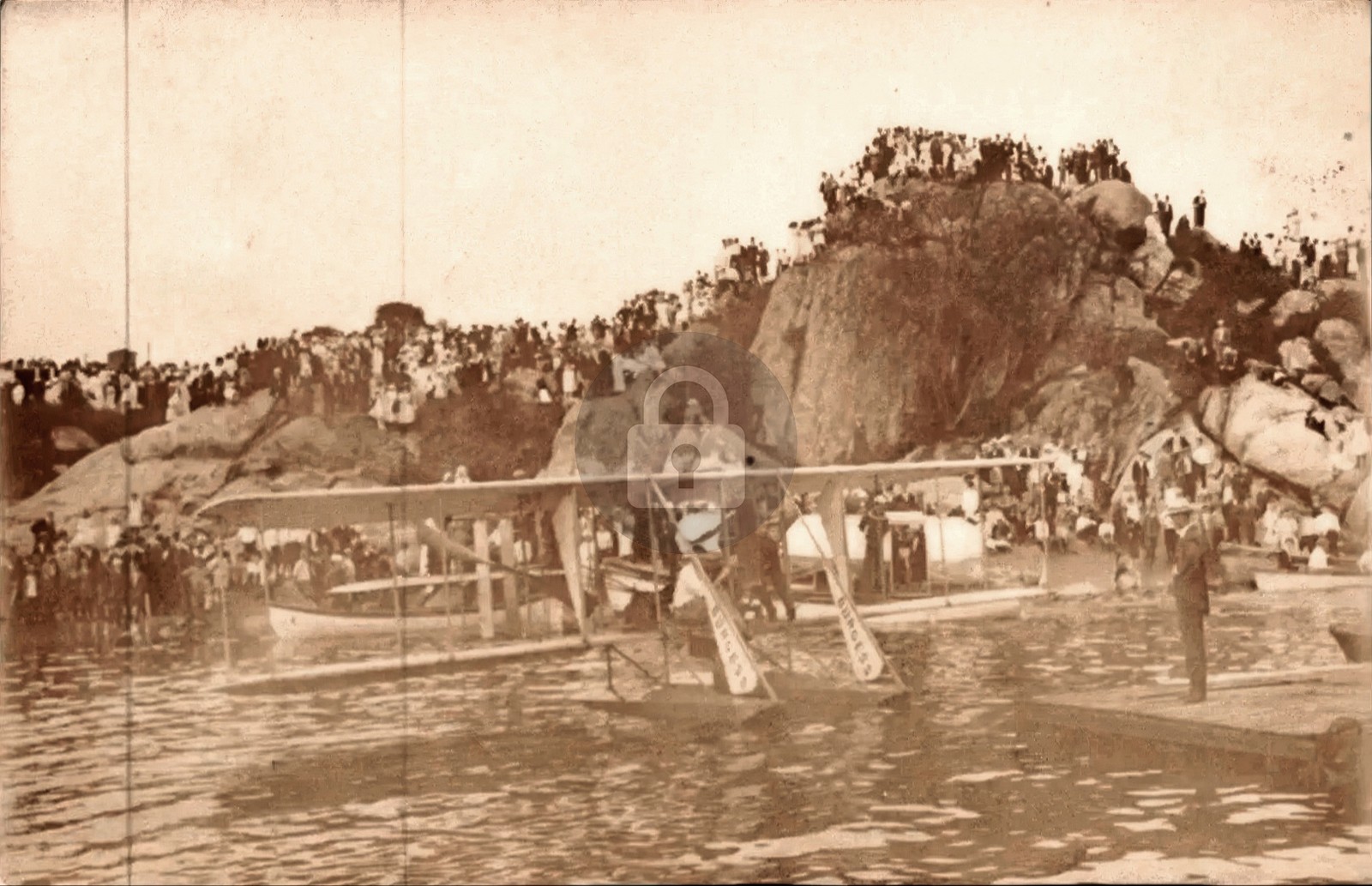 Gloucester MA seaplane crowd harbor aviation view 1910s RPPC Photo Postcard COPY