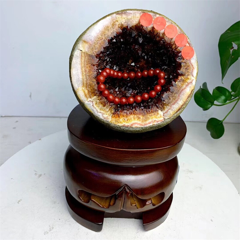 9LB TOP Natural citrine geode quartz crystal Dinosaur egg Decoration + stand