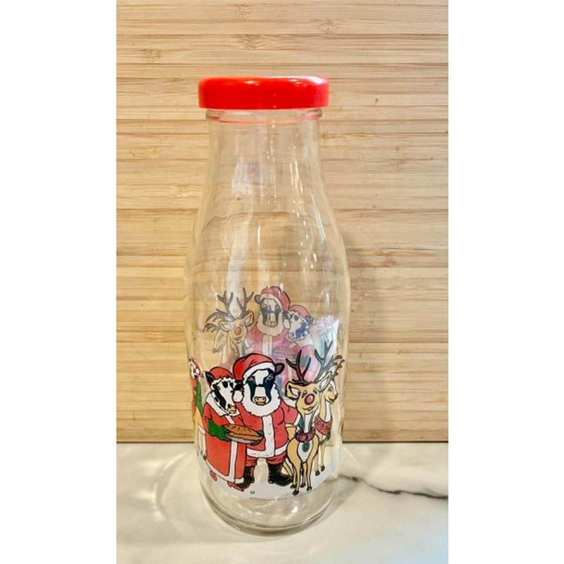 Vintage Santa’s Milk Bottle 1 Quart Christmas Glass Cows Reindeer Red Lid
