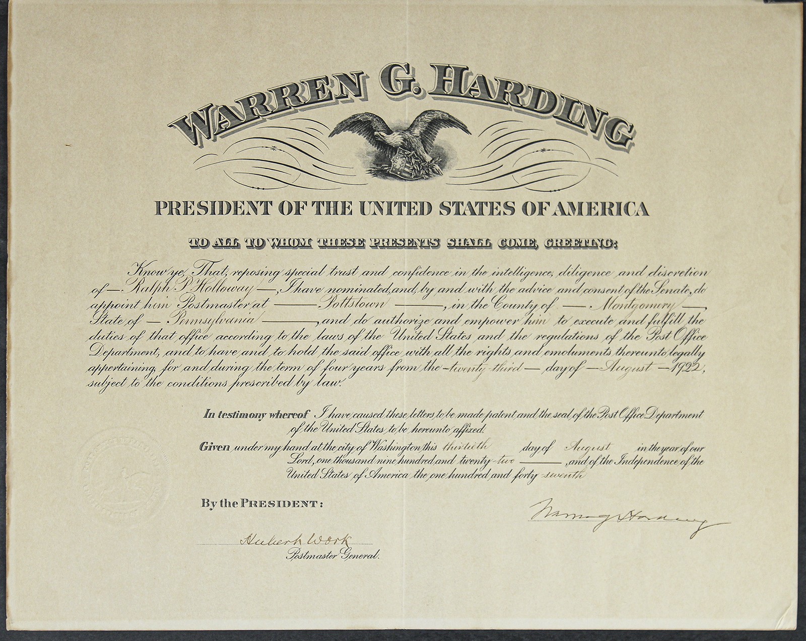 WARREN G. HARDING - CIVIL APPOINTMENT SIGNED 08/13/1922 WITH CO-SIGNERS
