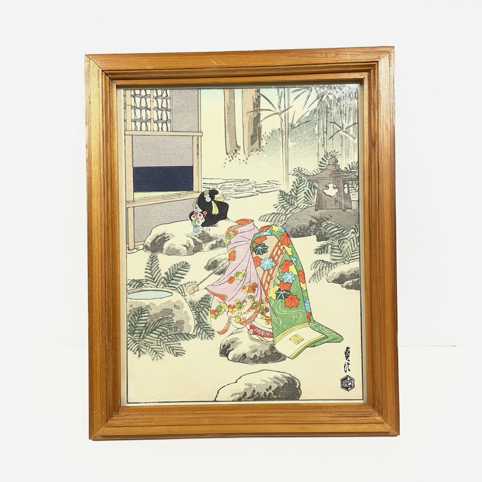 Framed Japanese Woodblock Print by Hasegawa Sadanobu III Maiko Washing Hands