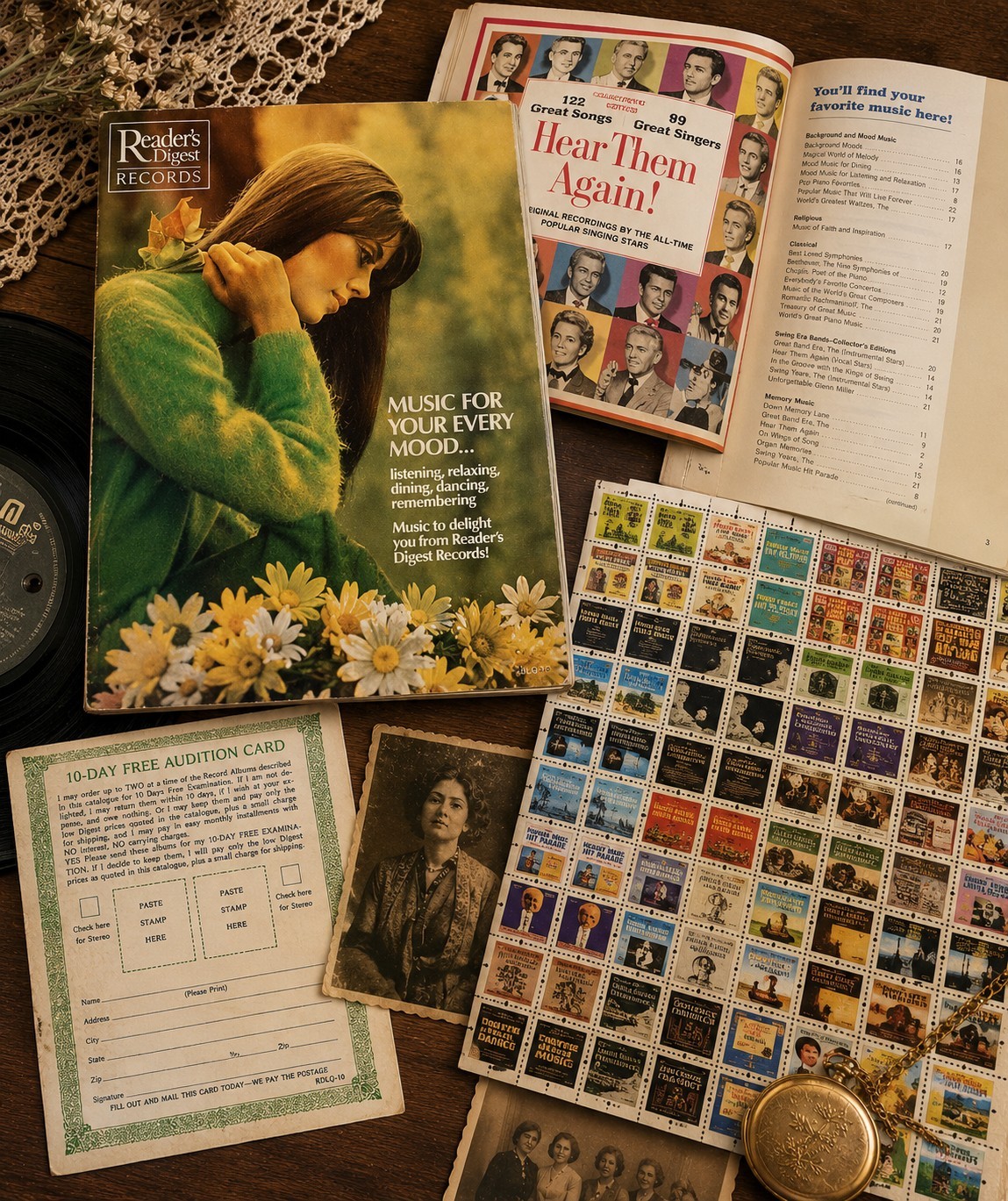 Vintage Readers Digest Records Catalog w Album Stamp Sheets Music Ephemera 1970s