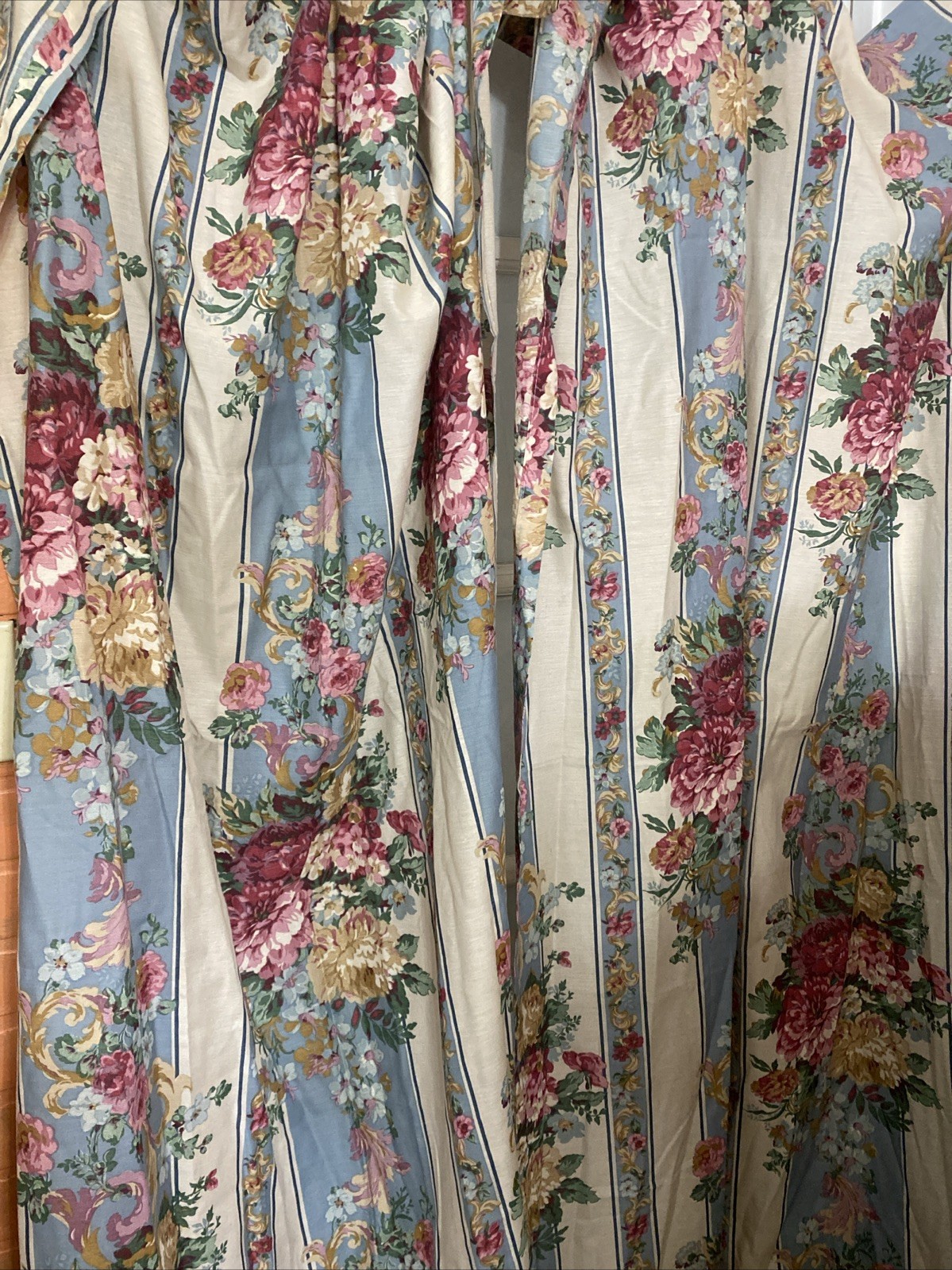 Vtg Victorian Cottage Curtains Striped Florals * Mismatched Length