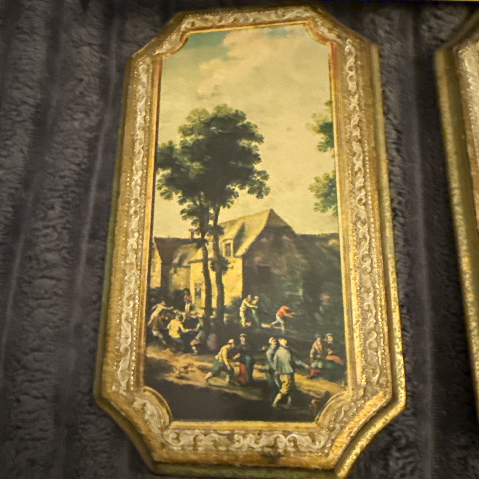 Vintage Wood Wall Plaques Pair Gold Trim European Village Scenes Cottagecore
