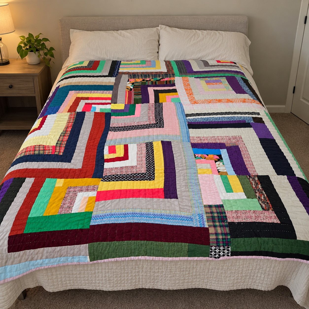 Vintage Handmade Log Cabin Quilt Colorful Square Stitching 84\
