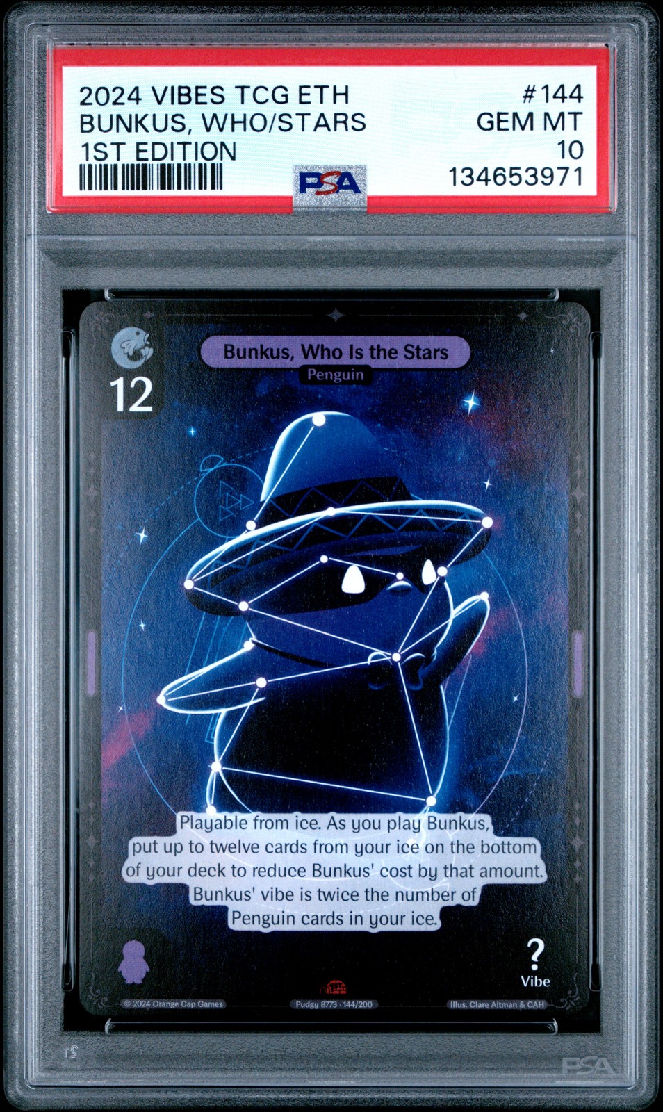 2024 VIBES TCG ENTER THE HUDDLE 1ST EDITION #144 BUNKUS, WHO IS THE STARS PSA 10