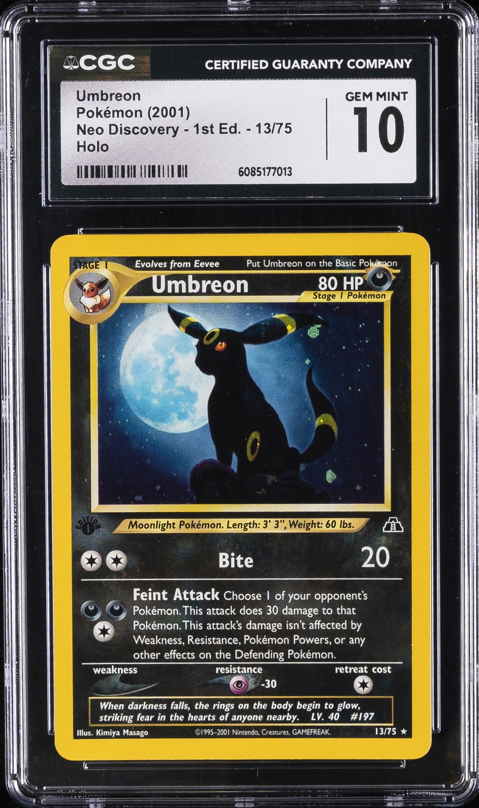 2001 POKEMON NEO DISCOVERY 1ST ED HOLO #13/75 UMBREON CGC 10 GEM MINT