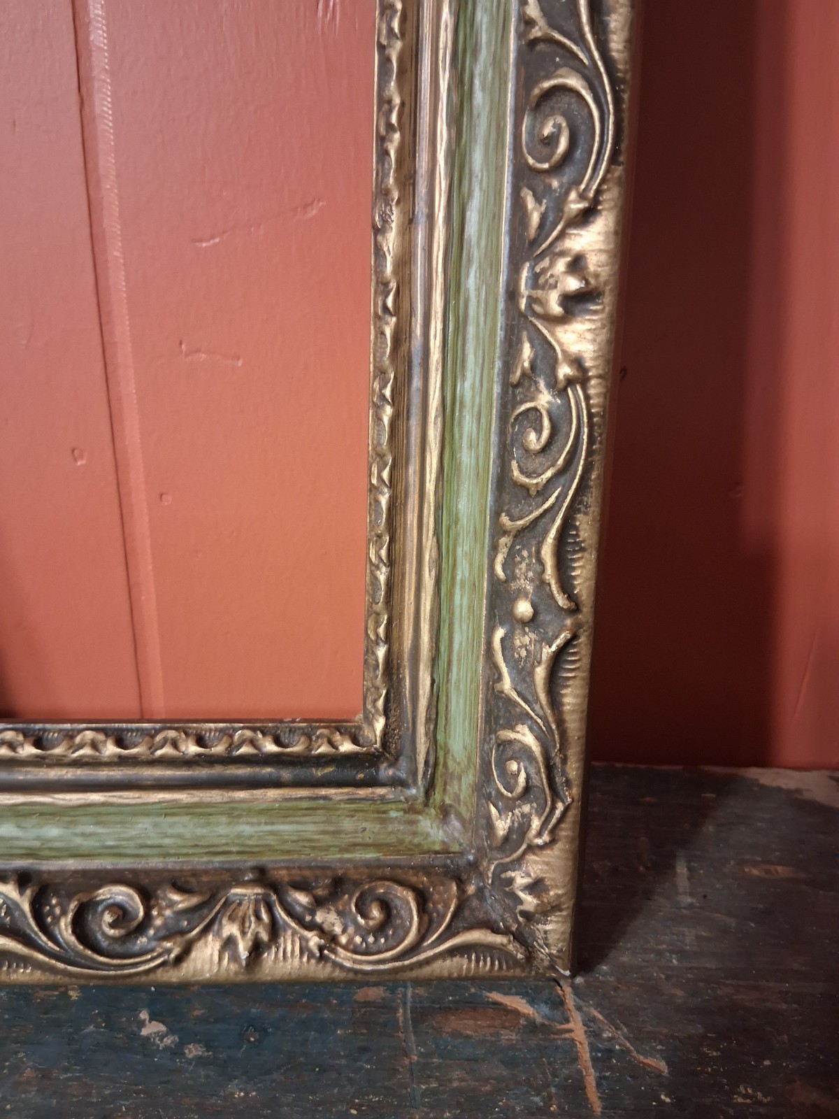 Vintage MCM Ornate Wood Picture Frame Carved Green Gold 13\
