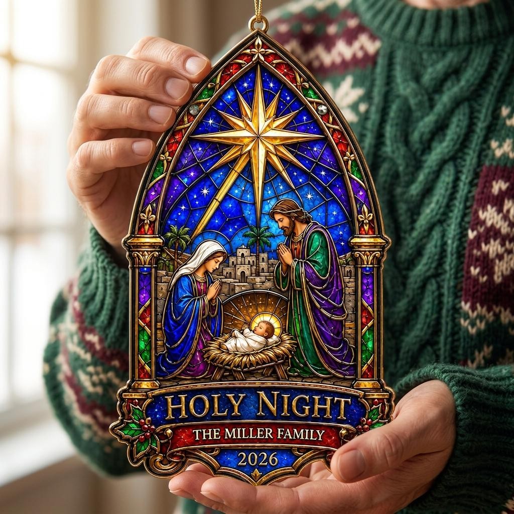 Personalized Holy Night Nativity Christmas Ornament, Faux Stained Glass Nativity