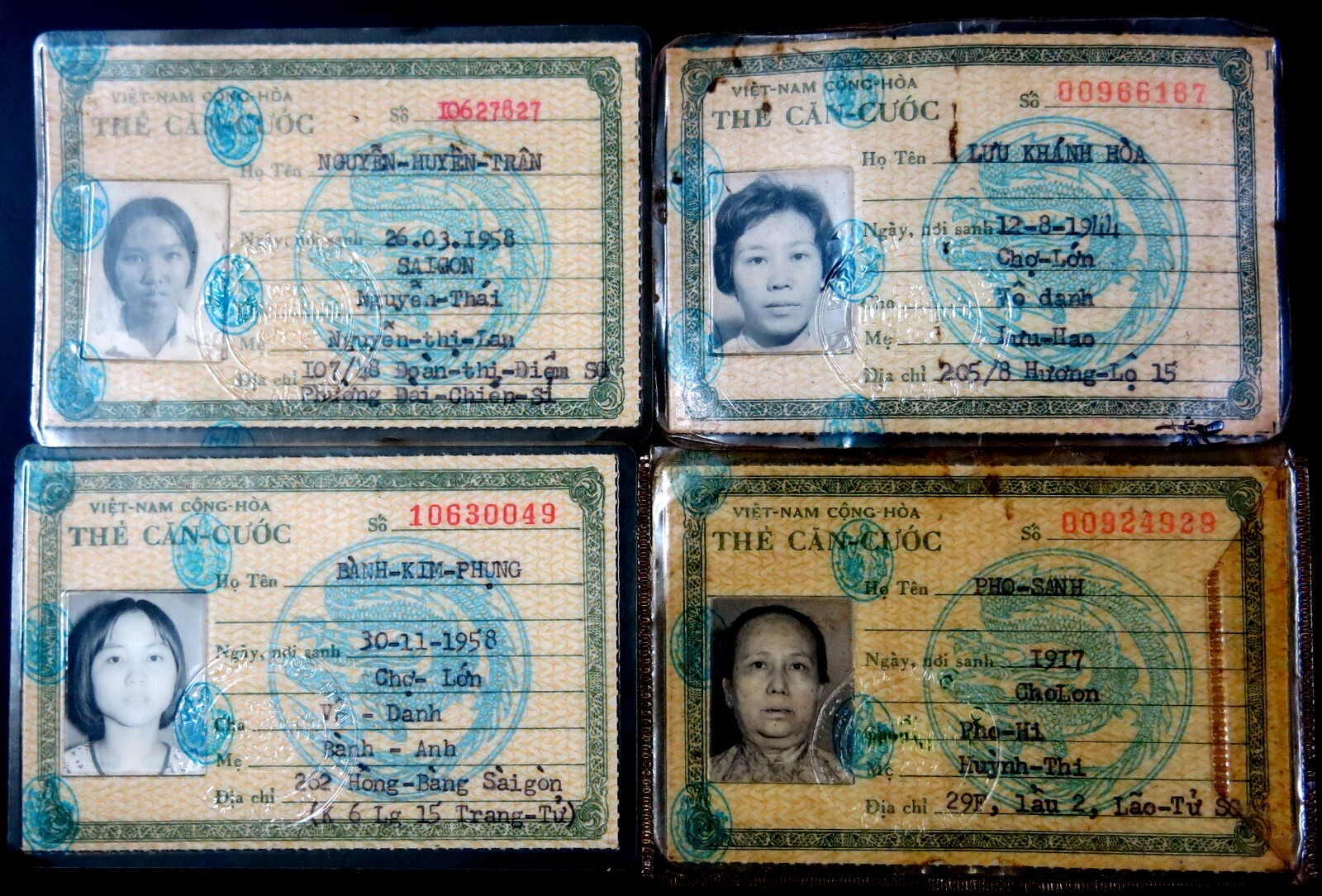 Vietnam VNCH ID Card 1960-70\'s THẺ CĂN CƯỚC of Vietnamese Woman Lot 4 pieces A