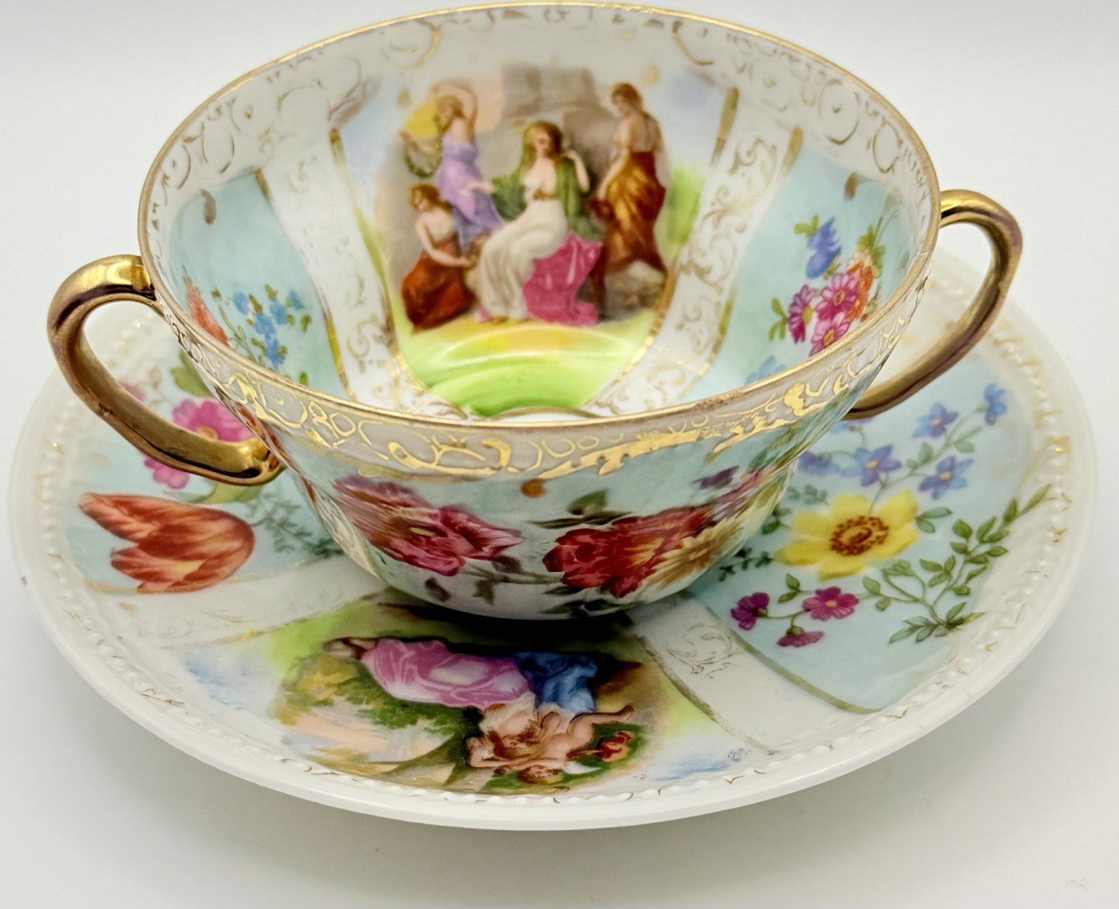 Antique Austria Dresden Style Watteau Florals Panels Gold Cup & Saucer c.1875