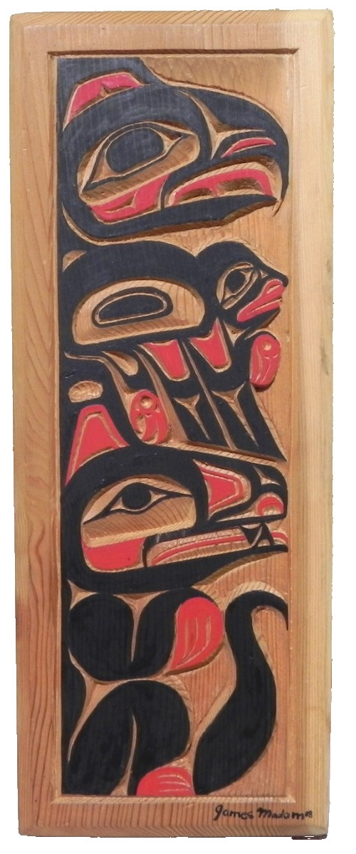 Northwest Coast art hand carved painted cedar panel by noted James Madam 2008