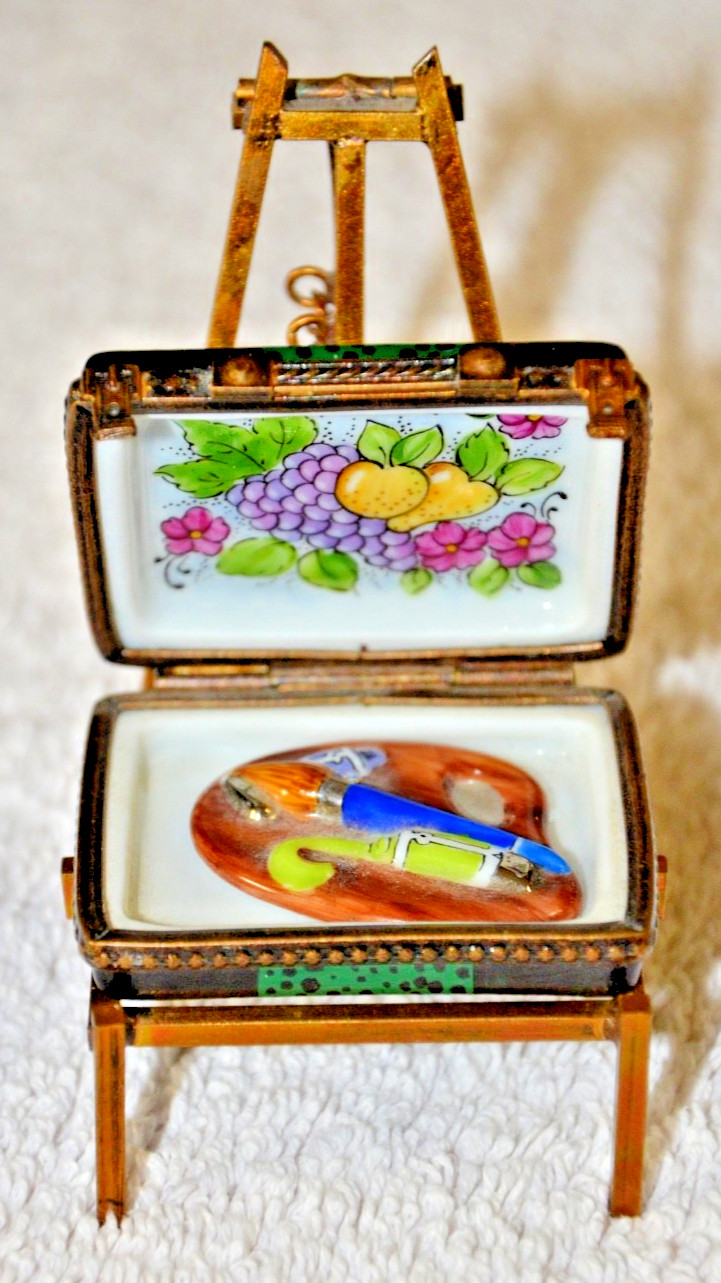 Limoges France Peint Main Green Tiny Suitcase Travel Case Trinket Box w/ bronze
