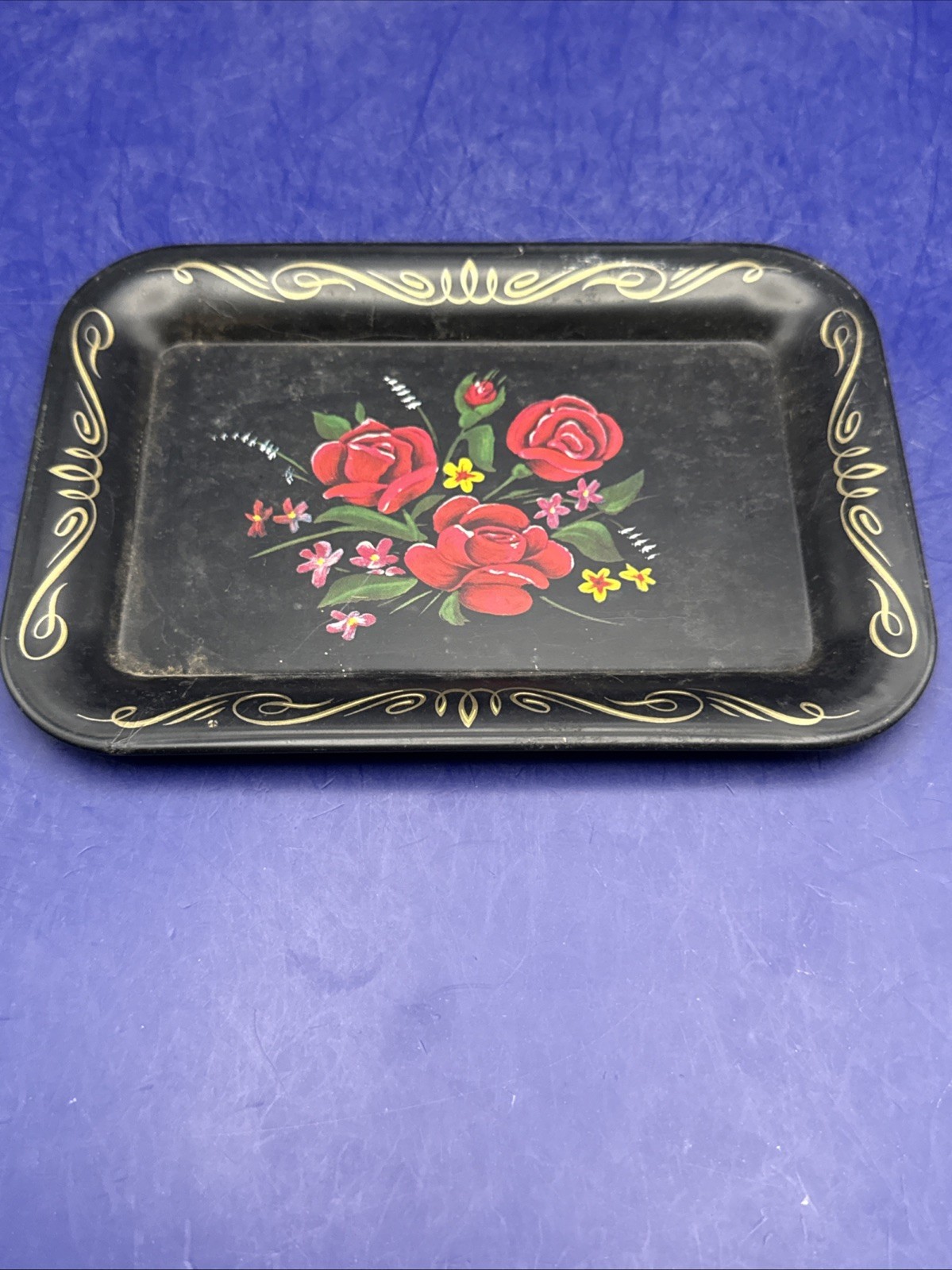 Vintage Black Metal Rectangular Hand Painted Red Roses Floral Tray 6.5”x4.5”