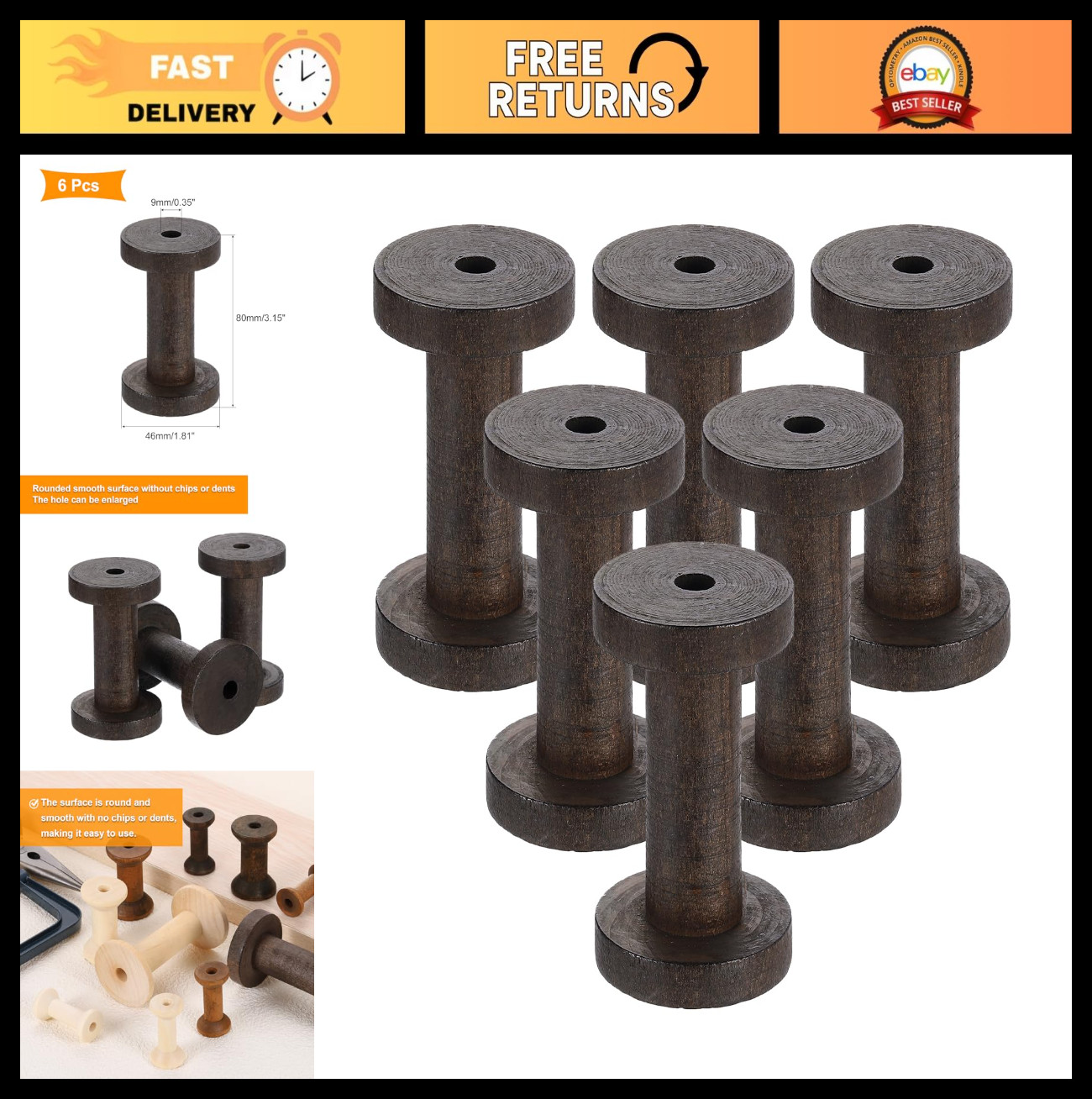 6Pcs Unfinished Wooden Spools 1.8 6Pcs Unfinished Wooden Spools 1.8