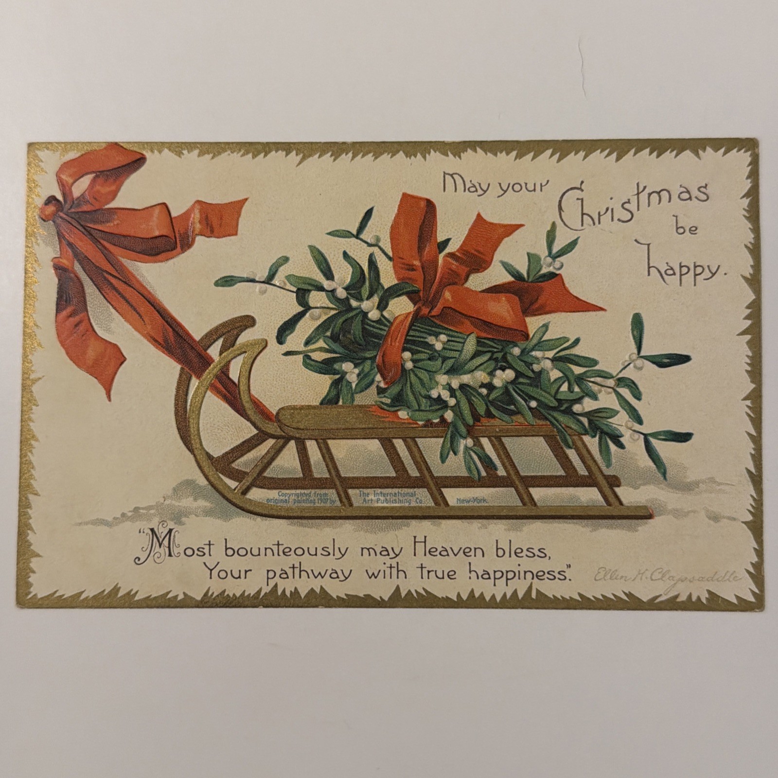 Antique Clapsaddle Christmas Postcard ~ Sleigh Mistletoe Bows Undivided #51320