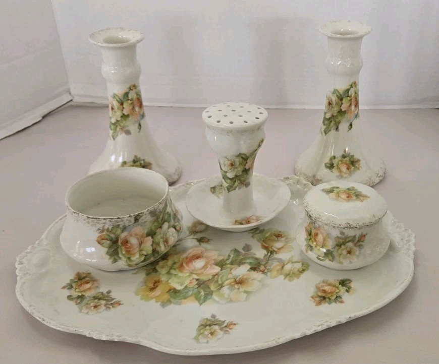 1910 BM de M Limoges France Vanity Set Tray Trinket Box Candle Pin & Ring Holder