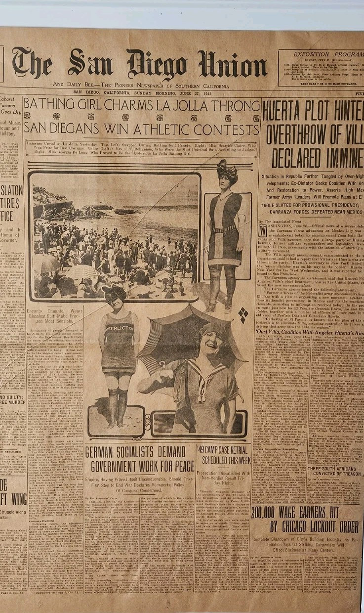 Complete 1915 Antiq San Diego Union Newspaper June 27th La Jolla Swimsuit & Expo