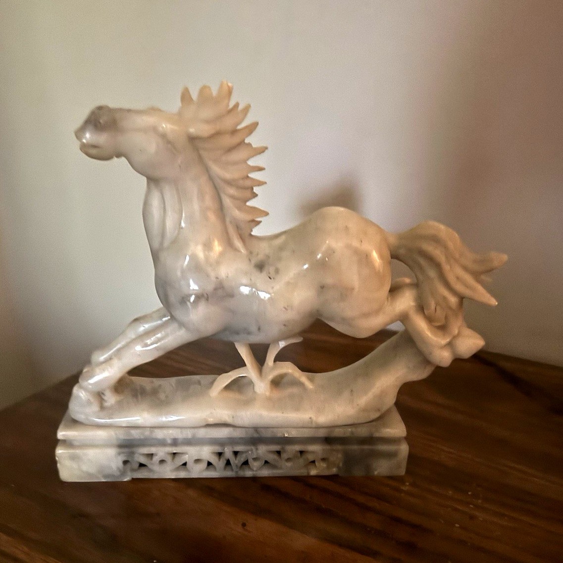 Carved Stone Horse Figurine Sculpture on Base, Polished Marbled White Gray