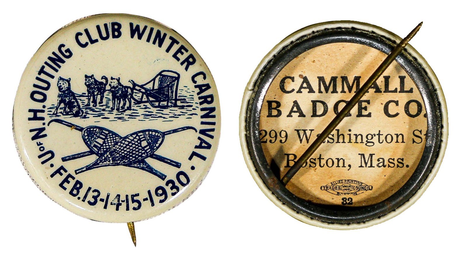 Celluloid Pinback U. OF N.H. OUTING CLUB WINTER CARNIVAL • FEB.13-14-15-1930