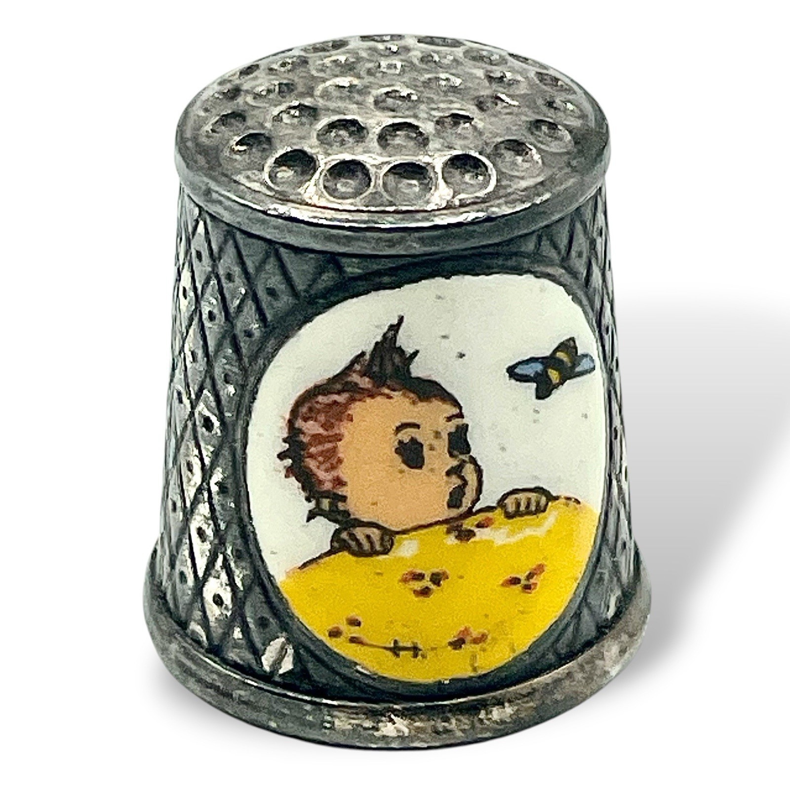 Vintage 1984 Silver Plated Enamel Hummel Sewing THIMBLE Signed Bee EUC
