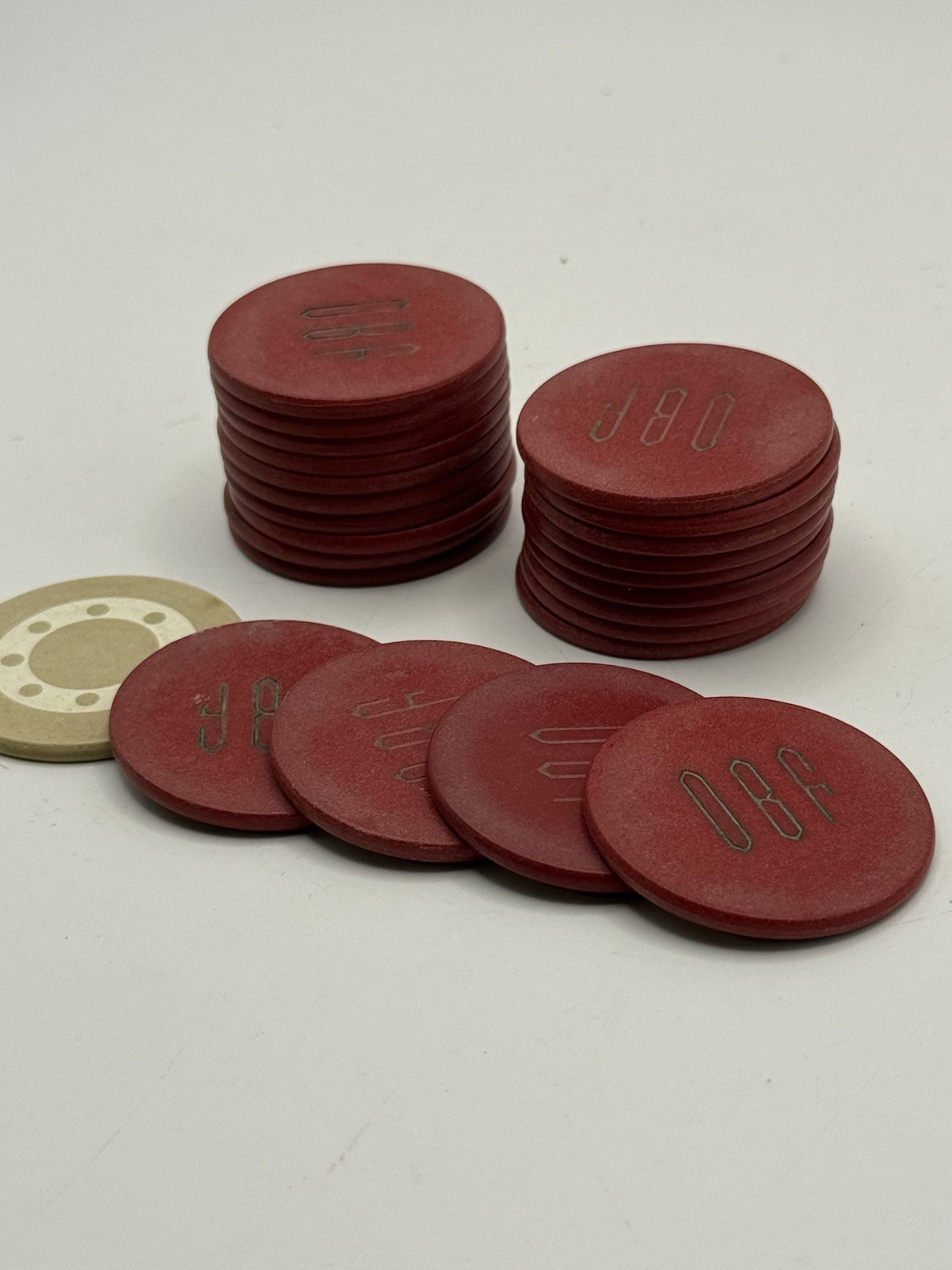 Vintage 25 Red BakelitePoker Chips OBF Monogram Antique Gambling Casino Game Lot