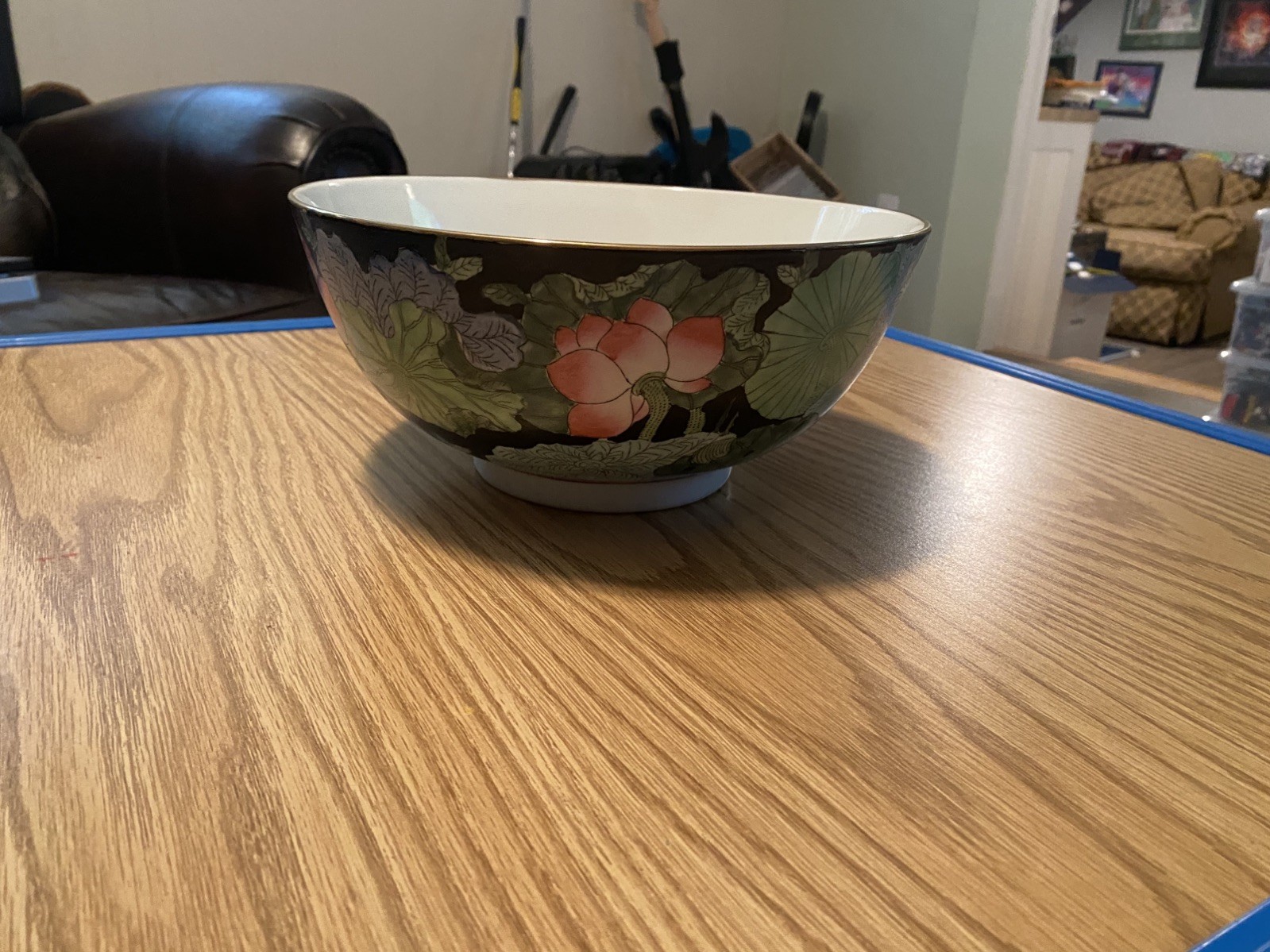 Vintage Famille Noire Chinese Porcelain Hand Painted Bowl Water Black Floral